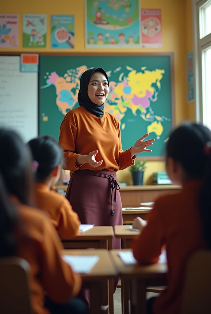 A beautiful 23-year-old Indonesian hijab-wearing woman who works as a teacher stands wearing a batik shirt with a low cleavage and a short skirt writing on the blackboard while explaining to the students. The face must be clear and detailed. Behind him, many students wearing school clothes sat neatly in the classroom while paying attention to the teacher. Original photo. 8K HD.