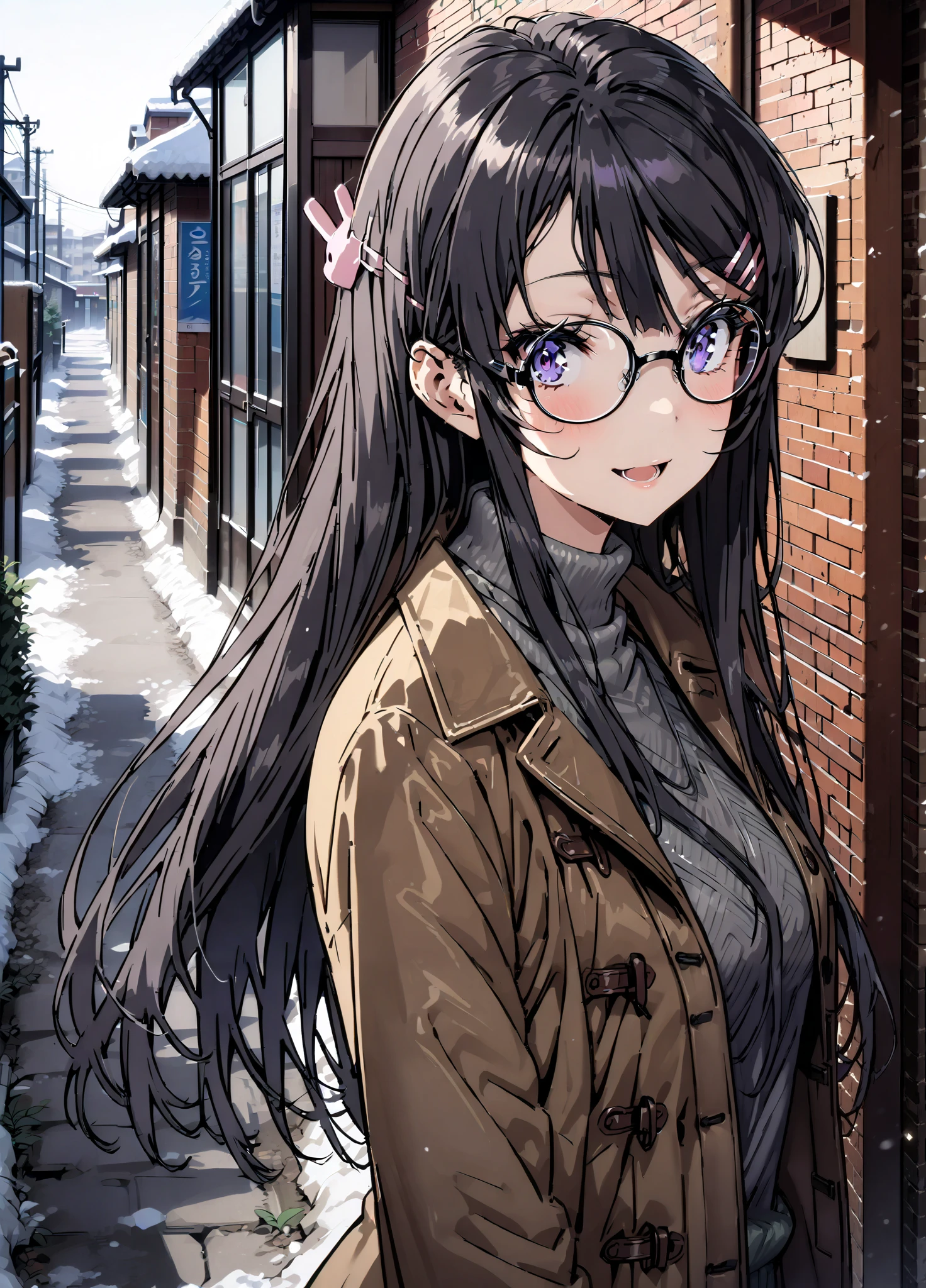 household, Mai Sakurajima , long hair, bungs, black hair,Alone, hair accessories, purple eyes, hair clip for hair, rabbit hair accessories,smile,blush,open your mouth,Glasses, duffle coat,(sweater :1.2),( turtleneck on acher:1.2),long skirt,long skirt,Black Pantyhose,boots,snow,winter,Standing residential area,Beautiful cityscape,,full bodyがillustration for both eyesに入るように,
break looking at viewer,full body,
break outdoors, bus stop,
break (masterpiece:1.2), top quality, High Resolution, Unity 8K Wallpaper , (illustration for both eyes:0.8), (Beautiful Detailed Eyes:1.6), very detailed face, perfect lighting, highly detailed CG, (perfect hand, perfect anatomy),