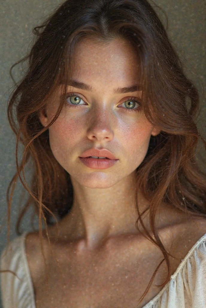 (((ultra realistic))) photo, artwork, maximum quality, (pale skin), (Ultra detailed face and eyes: 1.3), 1 girl, adult, In Lifchik, ((eye makeup, pink mascara)), ((large detailed lips)), ((brown wavy hair)), ((Stylish hairstyle)), ((green eyes)), (large natural breasts), thin waist. ((posing, Hand on face)), photo shoot, Soft studio lighting, (The play of light and shadows), depth of field, Bokeh, (special attention to skin details: 1.2), Detailed leather texture, skin pores. (Airy atmosphere of the frame. Color range - delicate, bright, Pink shades), DR, ((film grain)), ((rays)), (Glare), ((portrait from the waist up, close to the camera)) , ultra detailed,
