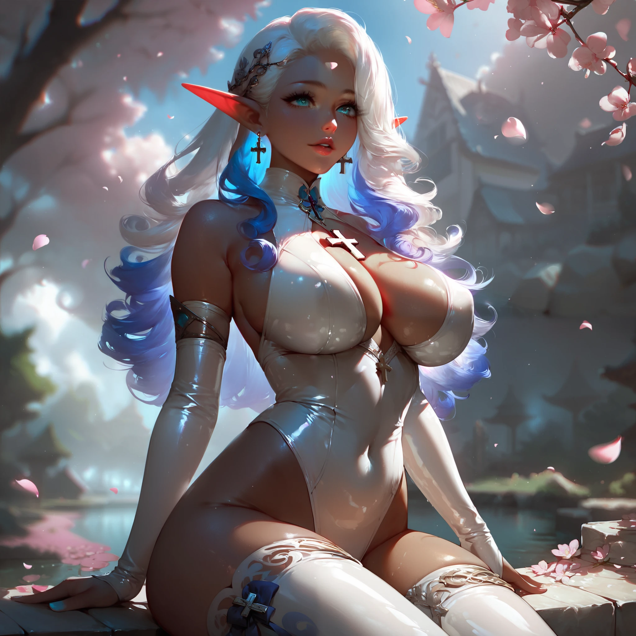 edelgard_academy, hair ribbon, white hair, purple eyes, ,1girl, solo, perfect breasts, ,earrings glossy lips ,looking at viewer, blush, large breasts, nature, pond, trees, park, long white elbow satin gloves, holding, animal ears, cleavage, bare shoulders, jewelry, very l, gentle smile, pantyhose, earrings, fake rabbit ears, red leotard, fake animal ears bunny, long white elbow gloves
