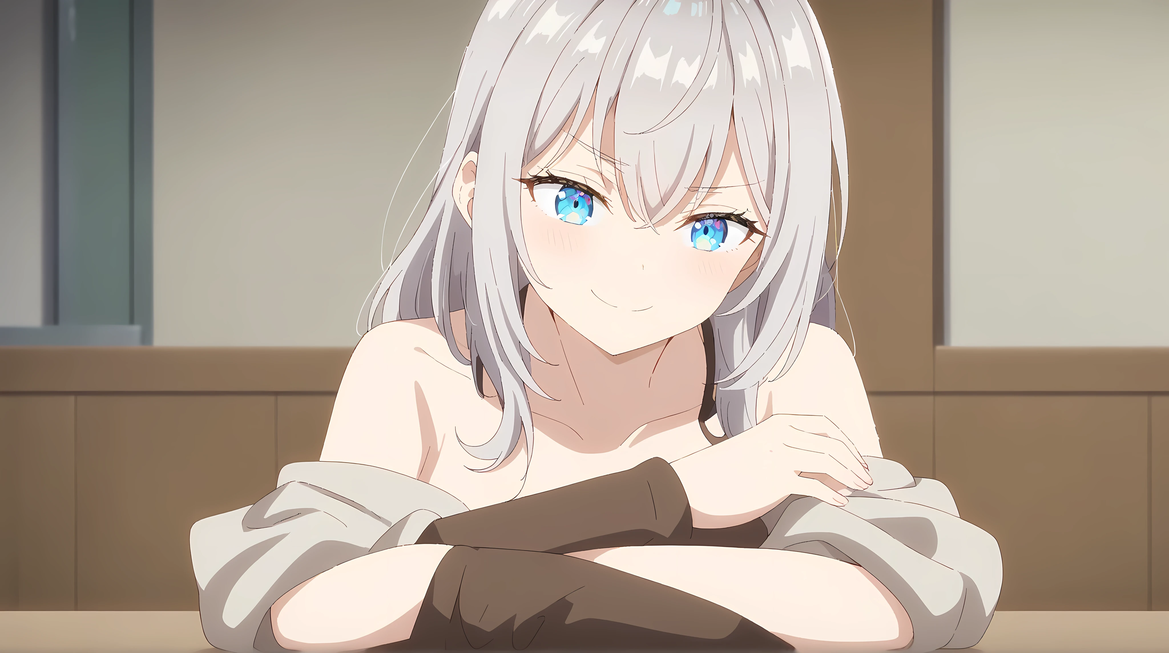 1girl, , Alisa Mikhailovna Kudzhou, best quality , very aesthetic, absurdres,4k sitting at the table , arms crossed , Anime style, alisa, topic, dug up, расстёгнутая dug up, crossed arms , smile, relaxed face, bare neck , sfw, серый topic, detailed eyes , blue eyes, gray hair is probably silver
