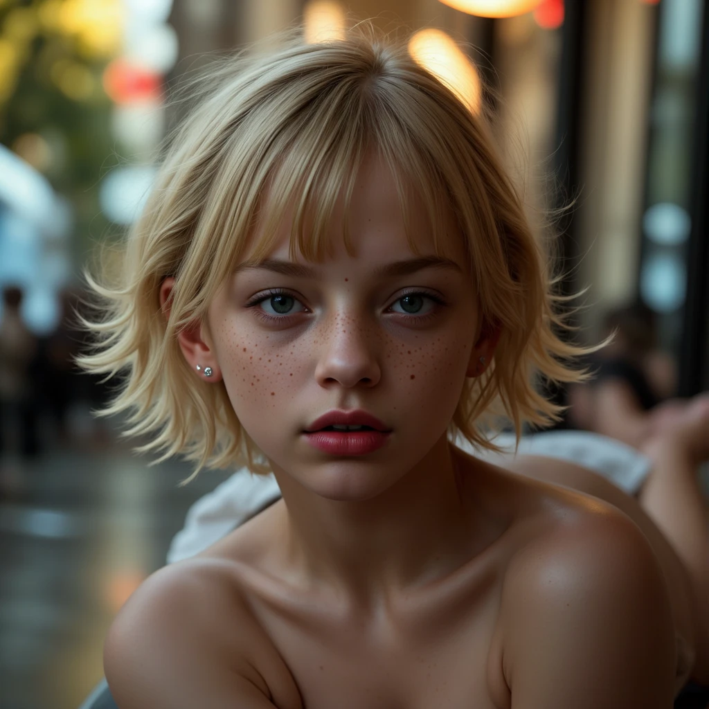 
girl small young,  red pout , longer incisors,  mouth slightly opened ,  Big blue eyes,  long black eyelashes , freckles, Stupsnase, blonde medium length hair, two braids braided,  slim,  Taile, sporty , , , small , stiff , Goosebumps , white translucent wet briefs, , Darkroom, diuffuses Licht, sunshine,  lying on your back, legs bent, Facing the viewer , full body, , without bra, without panties