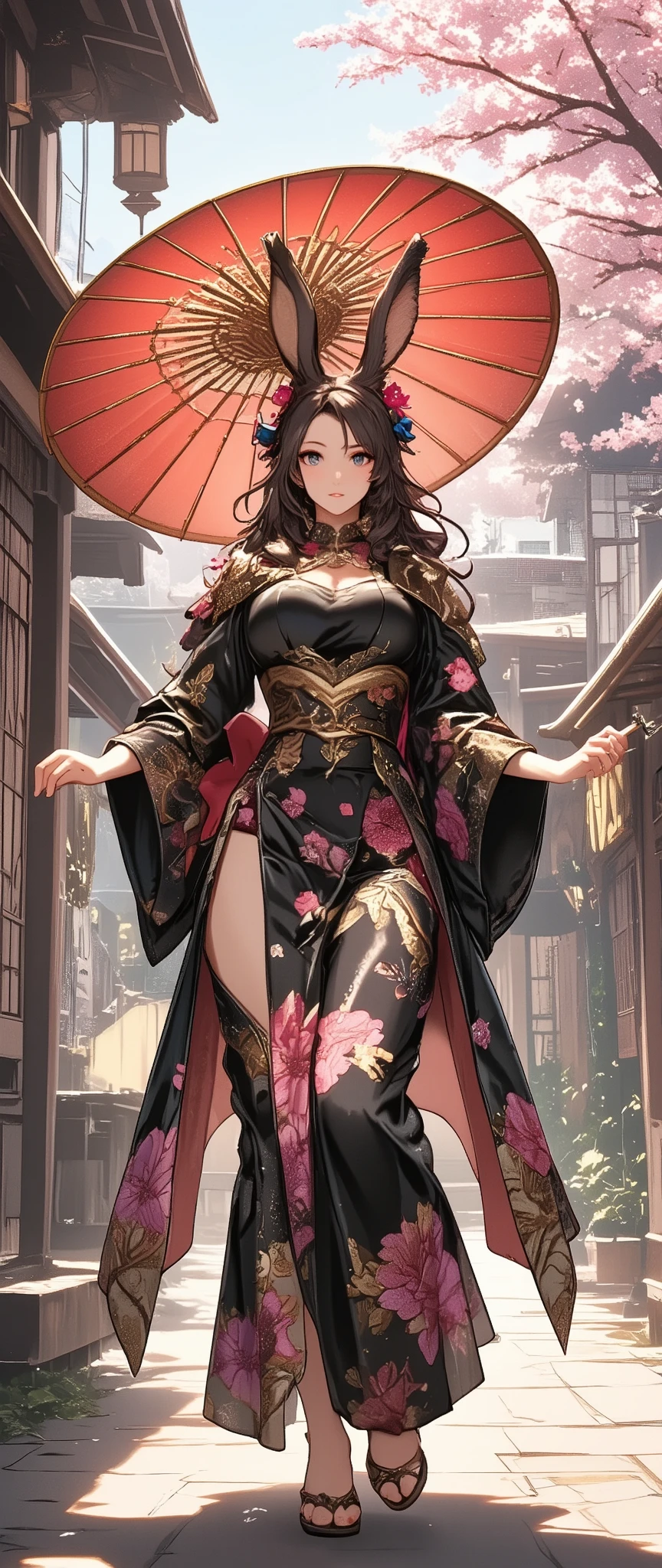 a solo sexy Viera Woman holding a Japanese umbrella , Nishijin Textile Kimono , Japanese painting style, beautiful anime style portrait, Extra , detailed portraits of anime girls , Beautiful Anime Portrait , beautiful anime women , digital Animation illustration, Anime Style Portrait , Additional Art ,realistic, (Beautiful Anime Girl Showing Naked Skin, large breasts, huge breasts, big breasts, uplifted breasts, well-defined breasts, Busty、deep cleavage)、anime style digital art , Animation illustration, , Navy Blue Kimono , Background is Sakura Fubuki