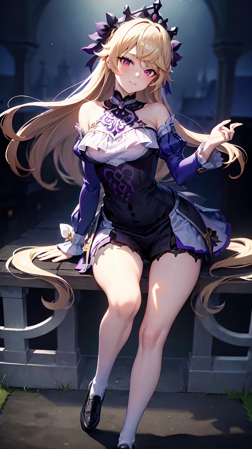 Fischl wears all of her blond hair down. On her head is a dark purple tiara-like accessory with ribbons.
Fischl's eye color is adjusted to crimson for this outfit. Her eyepatch is white.
She wears a dark purple dress-like bodysuit, separate dark purple sleeves, and a dark purple choker. Her bodysuit is cut at the bottom in the style of shorts and has white ruffles over her chest as well as two long extensions at the back that reach her knees. Her collar has a pale gem in the center and is connected to her bodysuit with a golden design. She also wears dark purple heels with A small purple ribbon on both shoes with gold accents. Her left sock is thigh high while the right one it reaches under her bodysuit. Her entire outfit is accented with gold and silver. SPARKLE; GLITTER
While wearing Ein Immernachtstraum, when Fischl's Elemental Burst is ready, the pale-colored gem on her collar will glow along with her Vision. SPARKLE; GLITTER