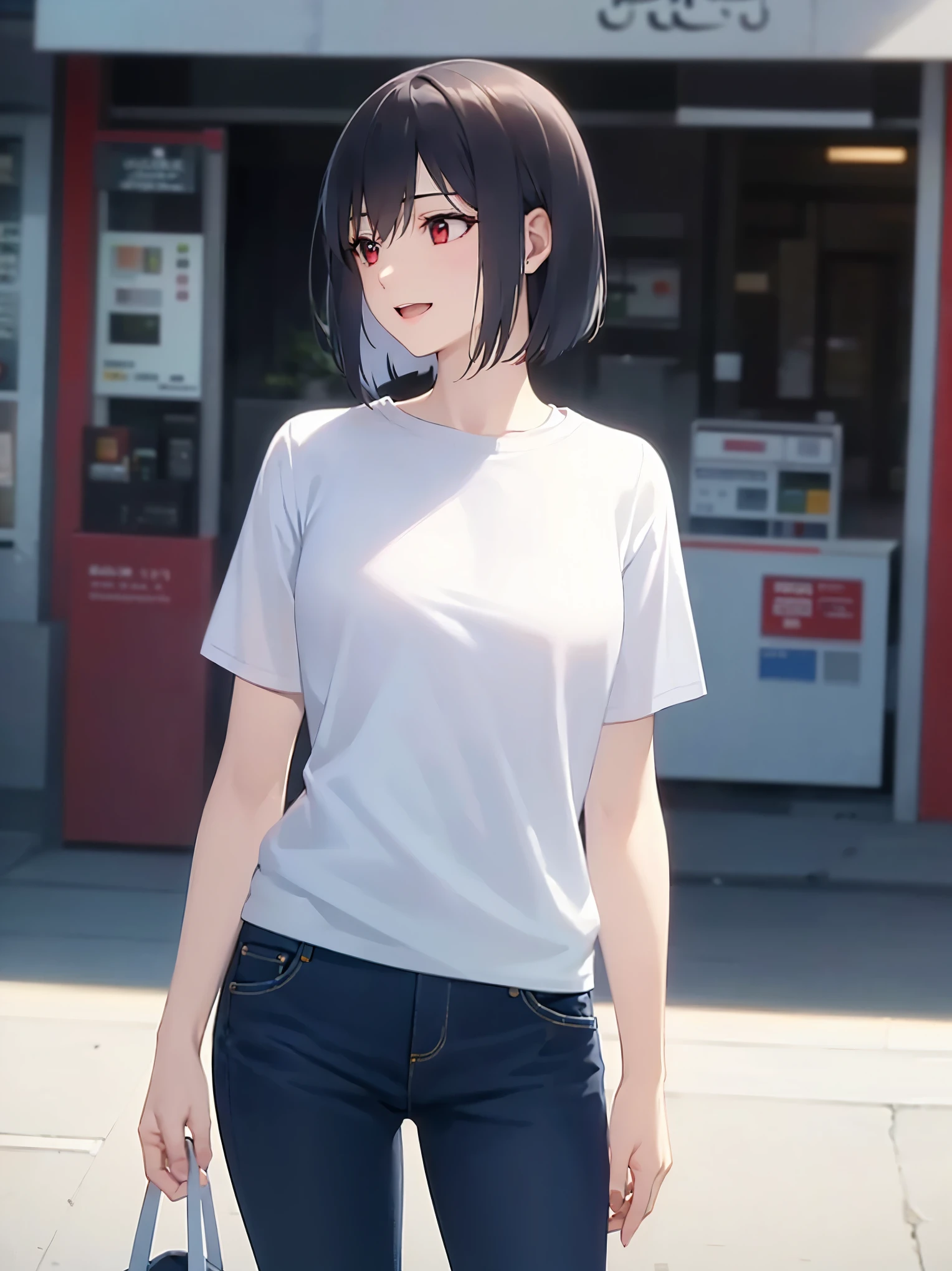 side angle,(looking away:1.5),Realistic, real person, (pale skin: 1.2), RAW photo, photorealistic, shiny skin, shiny hair, (33-year-old woman) and (bob cut) and (hair between eyes) and (black hair) and (red eyes), BREAK (white) and (white) and (T-shirt) and (jeans)BREAK, (light smile),(open mouth),The background is in front of the station's convenience store.,(alone:1.5),cowboy shot