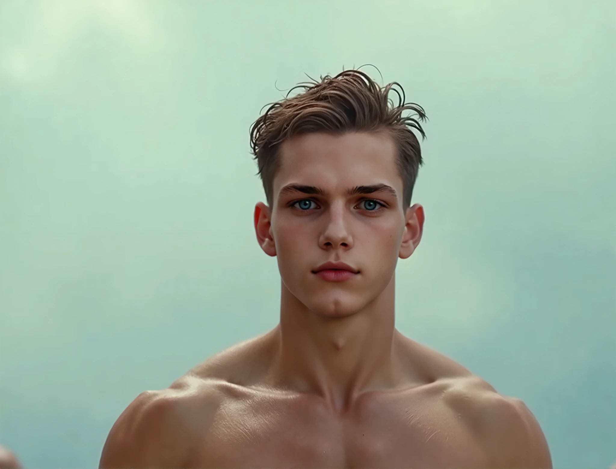 (8K, RAW photo, Highest quality), (full-body shot:1.3), (blue eyes:1.6), (18 years old:1.5), white pale skin, (prince eric from the little mermaid:1.6),(prince_eric:1.5)(short hair:1.6), (blond-ginger hair:1.5), (wavy hair:1.3), (ocean:1.5), (costline:1.5), Realistic, handsome man,frontage, Intricate details, Extremely detailed eyes and eyelashes, Muscular male, Manly, masculine, Soft lighting, Cinematic lighting, Portrait, Exposing the pectoral muscles, male model, muscular, ripped, defined body, Digital SLR, hyper qualit, Fujifilm XT3, Crystal clear, 8K UHD, High detail, Ultra photo realsisim, haar, ((Realistic skin), ((pores)), ((high detail skin)), volumettic light, groin, far, complex 3D visualization, high detail, 1 handsome young man, looking at the viewer (Pureerosface_V 1:0.6), pure, genuine human skin , (bare chest), muscles, vivid details, hyperrealistic, beautiful background, octane rendering, best quality, masterpiece, extremely detailed, computer graphics, unity, wallpapers (realistic, photorealistic: 1.37), (((anatomically correct:1.4))), stunning, fine details, masterpiece, best quality, official art, extremely detailed CG unity 8k wallpaperull Body))), ((Correct body structure)), (((Correct dissection))), (((Depth of field:1.5))), deep blue eyes looking at camera