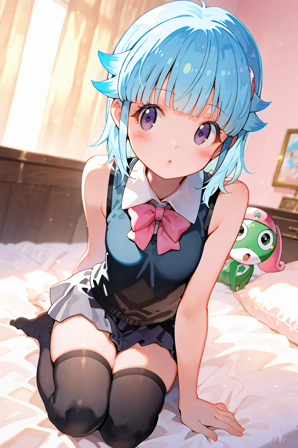 (best quality, masterpiece:1.2), ultra detailed, extremely detailed eyes and face, natural skin texture, detailed skin, natural lighting,
1 girl, (cute), rushia_idol, green hair, short hair, double bun, idol outfit, white gloves, blue bow, butterfly hair ornament,
BREAK (orgasm face, closed eyes, aroused, open mouth, gasp, blush cheeks, saliva trail:1.2),
BREAK (vaginal penis:1.2), (a man), hetero, (girl sit astride on man), (girl on top), (girl spread legs), (intense Sex:1.7), (cum out:1.2),
bedroom, bed, from below,