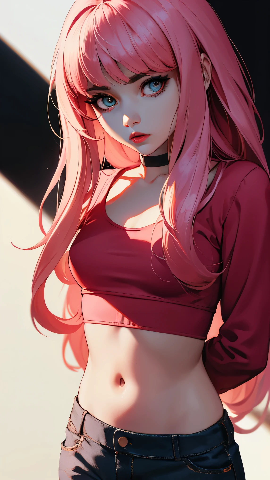 (masterpiece, best quality:1.4), official art, absurdres, vivid colors, looking at viewer, girl, asian , long pink hair, beautiful eyes, tight crop top, tight pants, choker, navel, slender, big breasts, cleavage, (arch back), small head, sharp focus, dynamic lighting, cinematic lighting, dramatic shadow, highres, ultra detailed, finely detail, extremely detailed, detailed eyes and face, sharp pupils, realistic pupils, simple background, (arms and hands behind back), pastel color palette,