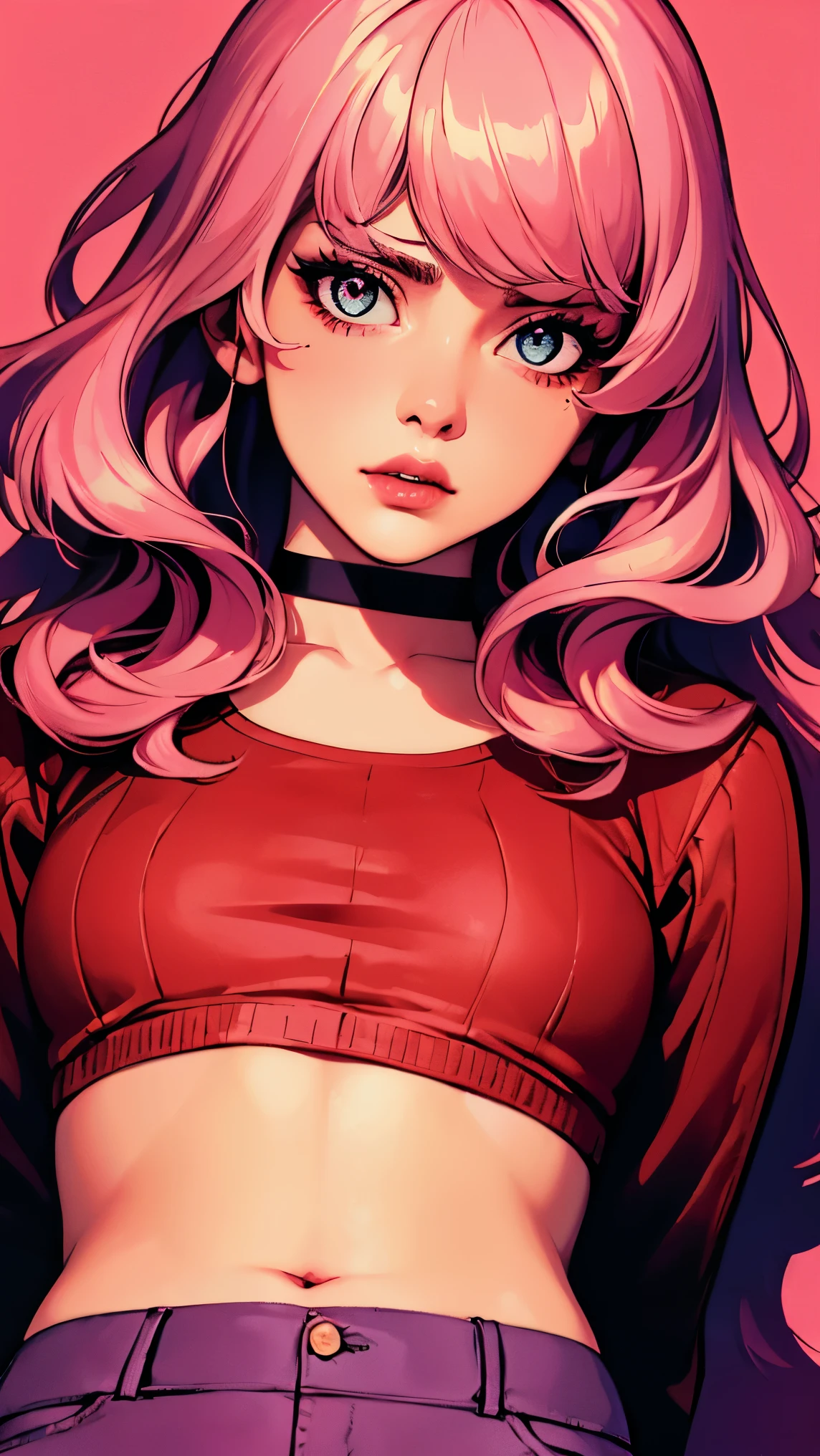 (masterpiece, best quality:1.4), official art, absurdres, vivid colors, looking at viewer, girl, asian , long pink hair, beautiful eyes, tight crop top, tight pants, choker, navel, slender, big breasts, cleavage, (arch back), small head, sharp focus, dynamic lighting, cinematic lighting, dramatic shadow, highres, ultra detailed, finely detail, extremely detailed, detailed eyes and face, sharp pupils, realistic pupils, simple background, (arms and hands behind back), pastel color palette,