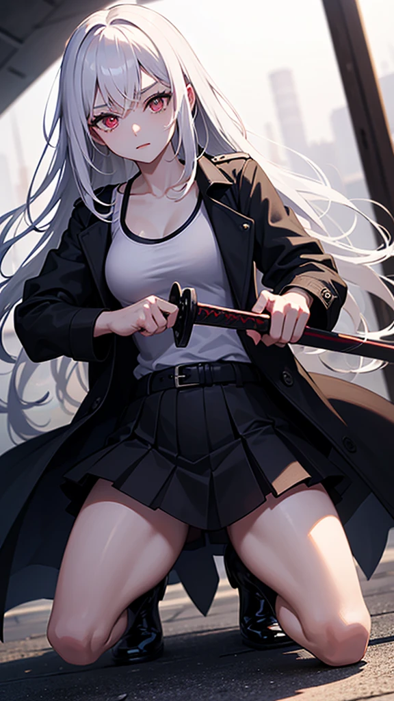 ((blood droplets)), ((blood)), ((blood splatter)), ((blood on clothes)), ((blood stain)), Masterpiece, Beautiful art, professional artist, 8k, art style by sciamano240, front view, Very detailed face, Detailed clothing, detailed fabric, 1 girl, perfectly drawn body, big breasts, fighting pose, beautiful face, long silver hair, blue eyes, very detailed eyes, pink cheeks, shy expression, glasses, choker:1.6, (long sleeve white collar buttoned shirt), black gloves, gloves covering hands, (holding an ax in the right hand), (black leather corset), (shiny black tight mini skirt), sensual lips , evening de invierno, show details in the eyes, view from front, looking at the viewer, snowy trail, Snowy forest, evening, Atmosphere, snow