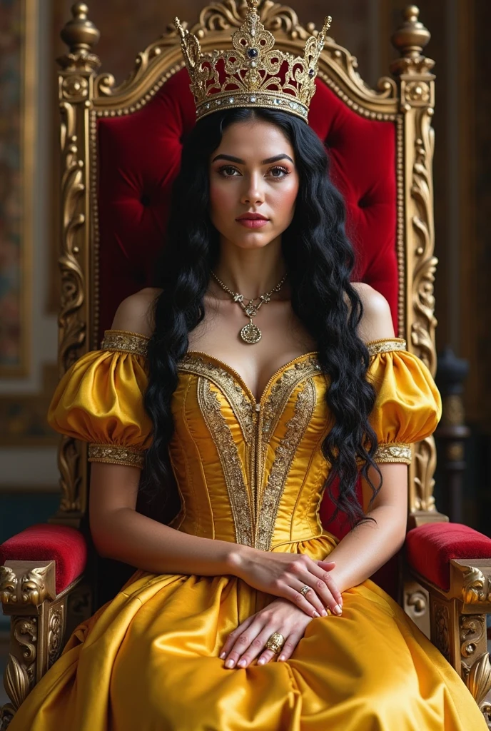 score_9, score_8_up, score_7_up, Snow White (sexy, queen, long dress, big hips, big breasts), Scandinavia, masturbation on the golden throne in a ancient place, have sex