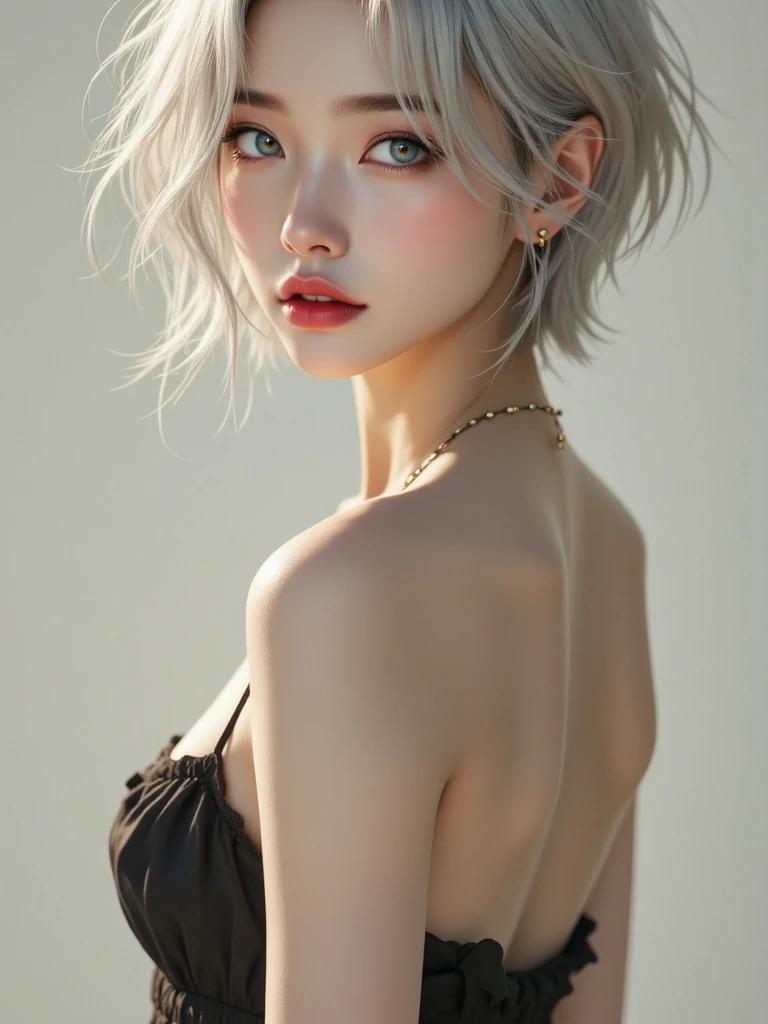 a 20 yo woman, white hair, (hi-top fade:1.3), dark theme, soothing tones, muted colors, 
, (natural skin texture,, soft light, sharp), dark green eyes, goddess, Asian