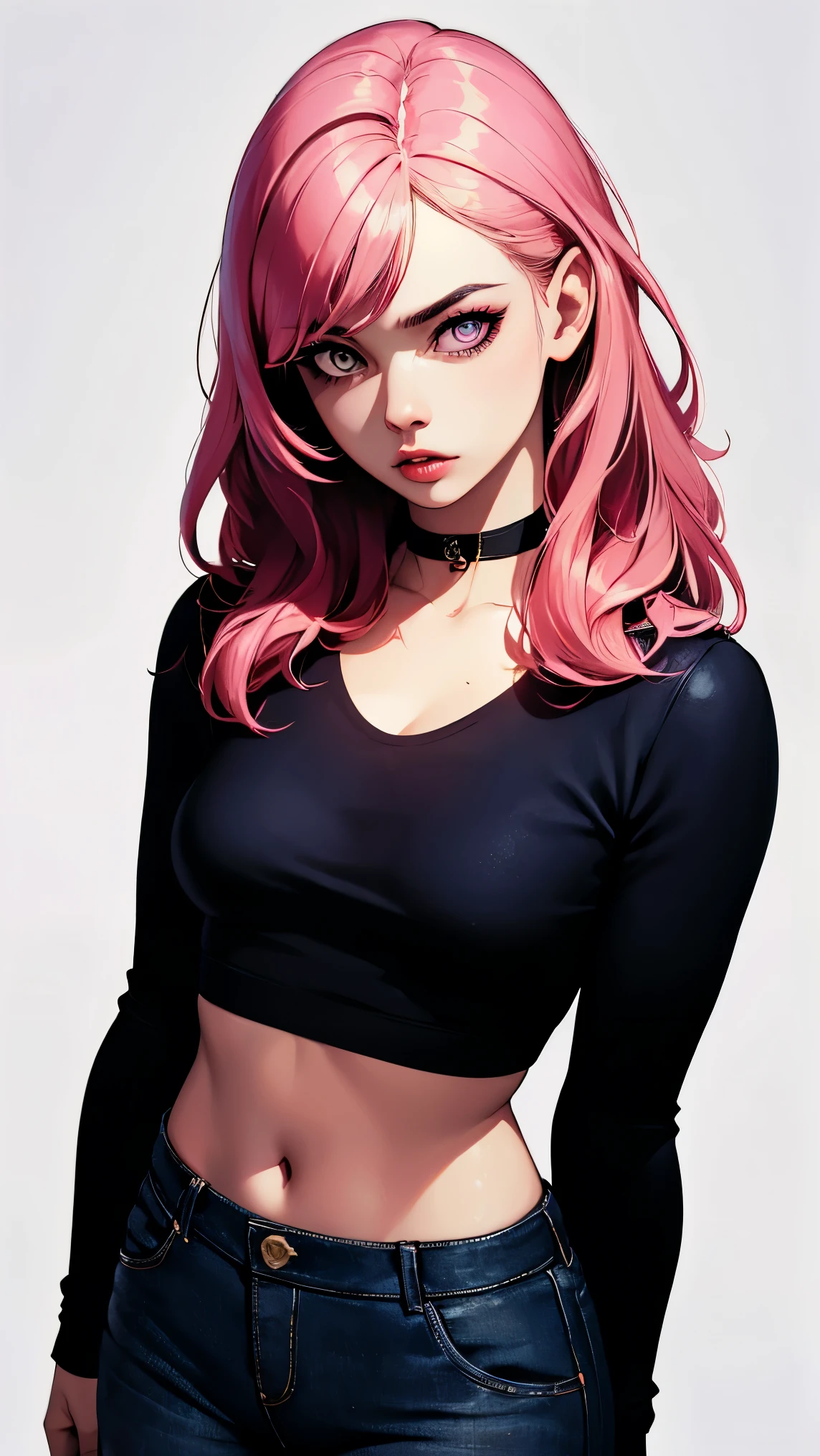 (masterpiece, best quality:1.4), official art, absurdres, vivid colors, looking at viewer, girl, asian , long pink hair, beautiful eyes, tight crop top, tight pants, choker, navel, slender, big breasts, cleavage, (arch back), small head, sharp focus, dynamic lighting, cinematic lighting, dramatic shadow, highres, ultra detailed, finely detail, extremely detailed, detailed eyes and face, sharp pupils, realistic pupils, simple background, (arms and hands behind back), pastel color palette,