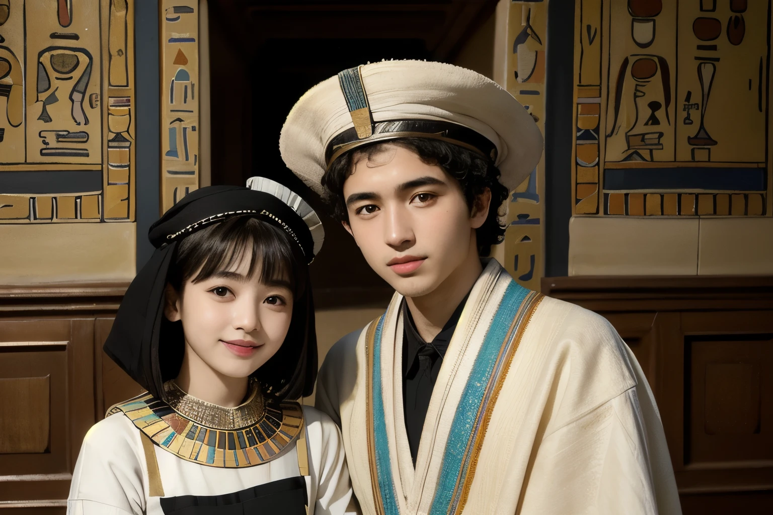 365 (20 year old woman and 20 year old man),(short hair), (high quality photos), (gentle smile), (colorful ancient egyptian costumes), (Rembrandt painting),(Hieroglyphs、Ancient Egyptian)