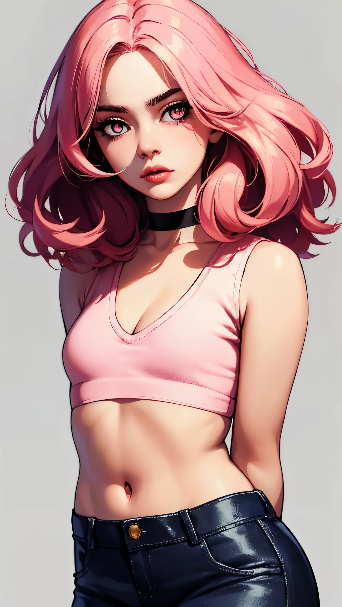 (masterpiece, best quality:1.4), official art, absurdres, vivid colors, looking at viewer, girl, asian , long pink hair, beautiful eyes, tight crop top, tight pants, choker, navel, slender, big breasts, cleavage, (arch back), small head, sharp focus, dynamic lighting, cinematic lighting, dramatic shadow, highres, ultra detailed, finely detail, extremely detailed, detailed eyes and face, sharp pupils, realistic pupils, simple background, (arms and hands behind back), pastel color palette, (shiny skin),