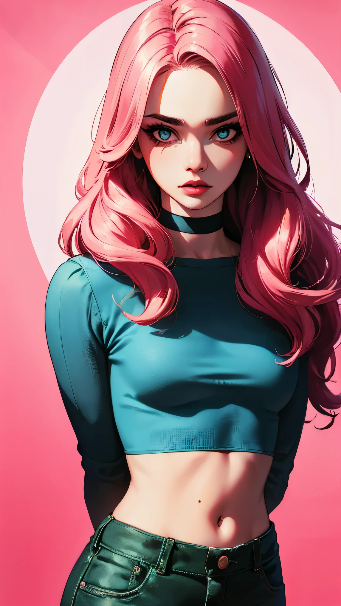 (masterpiece, best quality:1.4), official art, absurdres, vivid colors, looking at viewer, girl, asian , long pink hair, beautiful eyes, tight crop top, tight pants, choker, navel, slender, big breasts, cleavage, (arch back), small head, sharp focus, dynamic lighting, cinematic lighting, dramatic shadow, highres, ultra detailed, finely detail, extremely detailed, detailed eyes and face, sharp pupils, realistic pupils, simple background, (arms and hands behind back), pastel color palette, (shiny skin),