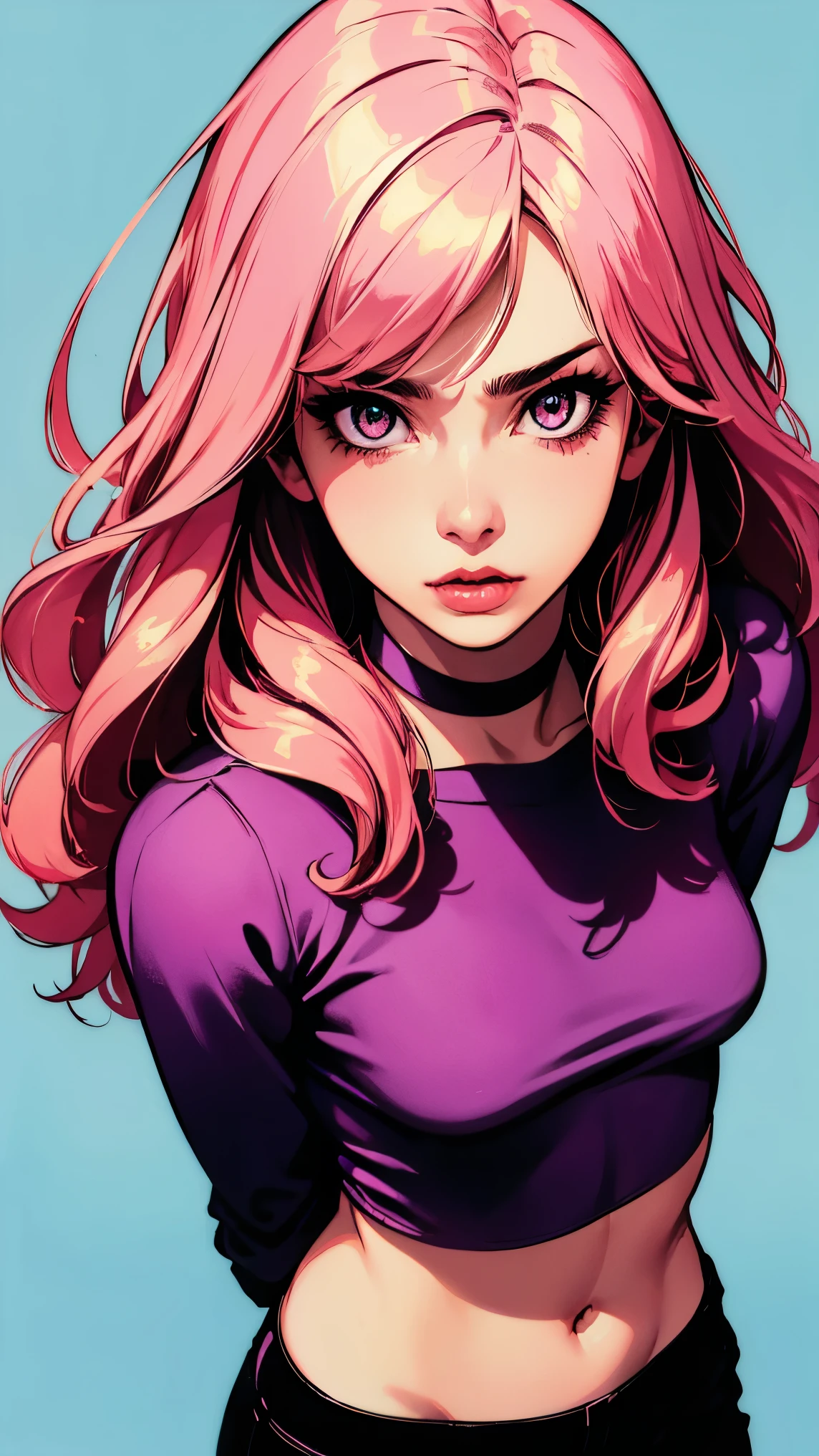 (masterpiece, best quality:1.4), official art, absurdres, vivid colors, looking at viewer, girl, asian , long pink hair, beautiful eyes, tight crop top, tight pants, choker, navel, slender, big breasts, cleavage, (arch back), small head, sharp focus, dynamic lighting, cinematic lighting, dramatic shadow, highres, ultra detailed, finely detail, extremely detailed, detailed eyes and face, sharp pupils, realistic pupils, simple background, (arms and hands behind back), pastel color palette, (shiny skin), 