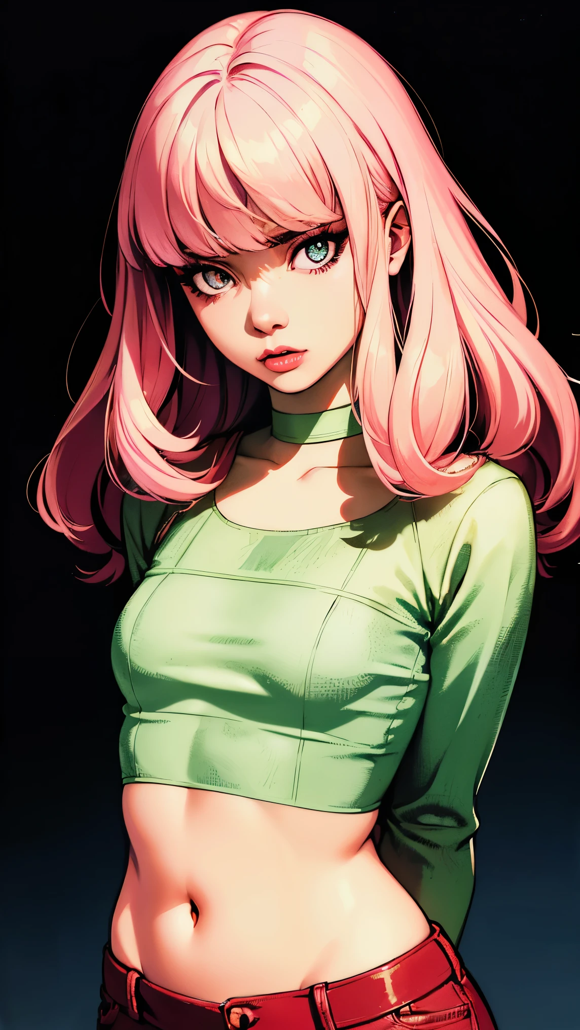 (masterpiece, best quality:1.4), official art, absurdres, vivid colors, looking at viewer, girl, asian , long pink hair, beautiful eyes, tight crop top, tight pants, choker, navel, slender, big breasts, cleavage, (arch back), small head, sharp focus, dynamic lighting, cinematic lighting, dramatic shadow, highres, ultra detailed, finely detail, extremely detailed, detailed eyes and face, sharp pupils, realistic pupils, simple background, (arms and hands behind back), pastel color palette, (shiny skin),