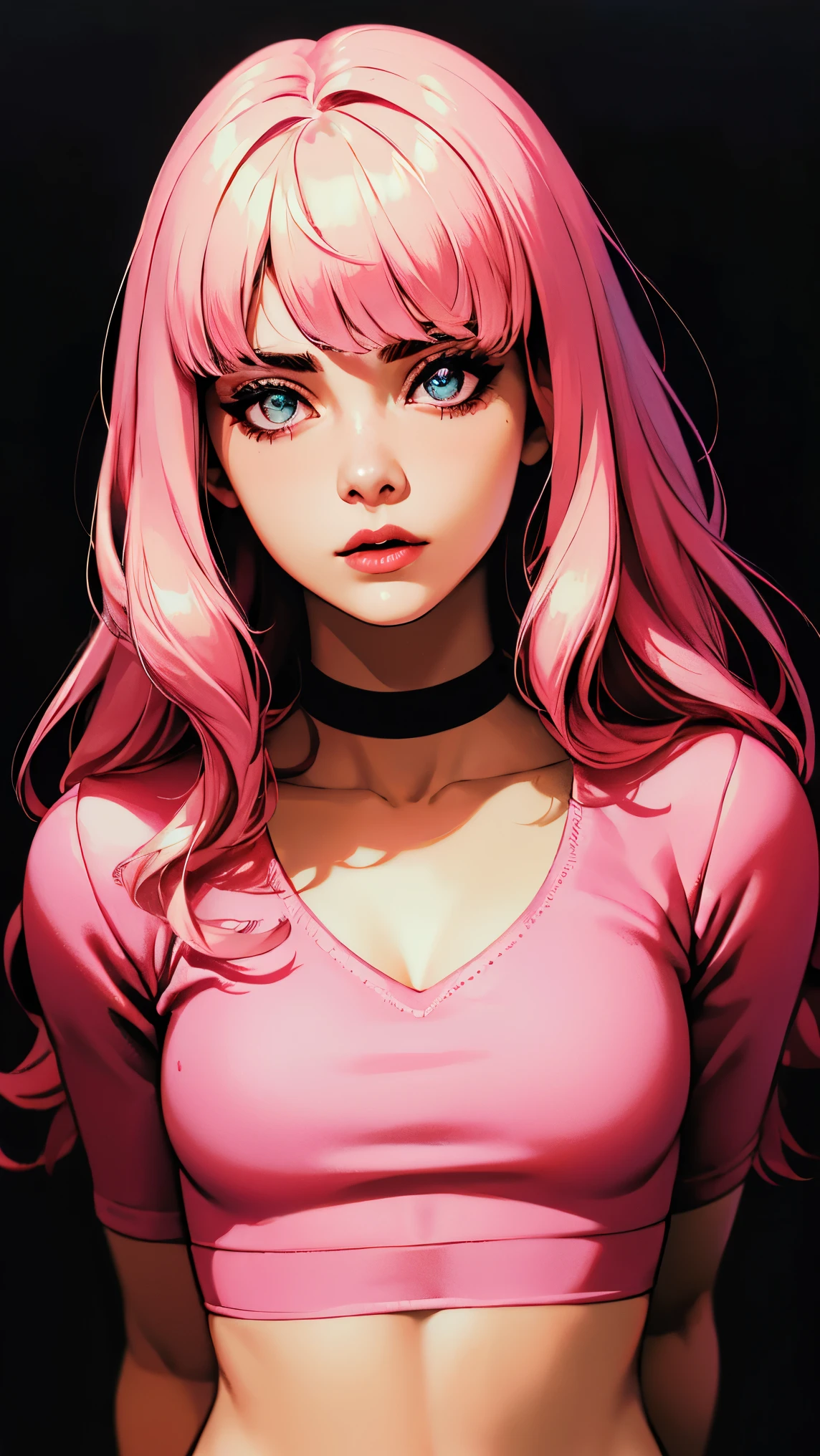 (masterpiece, best quality:1.4), official art, absurdres, vivid colors, looking at viewer, girl, asian , long pink hair, beautiful eyes, tight crop top, tight pants, choker, navel, slender, big breasts, cleavage, (arch back), small head, sharp focus, dynamic lighting, cinematic lighting, dramatic shadow, highres, ultra detailed, finely detail, extremely detailed, detailed eyes and face, sharp pupils, realistic pupils, simple background, (arms and hands behind back), pastel color palette, (shiny skin),