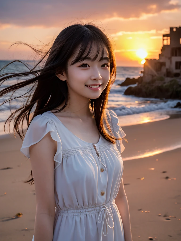 Only one girl、((Perfect body)))、(masterpiece)、((Highest quality))、(Ultra-detailed)、((Very delicate and beautiful))、(((Very shallow depth of field)))、Hmph，(((Unbelievably absurd)))、((Perfect body)))、(((Black-haired)))、(((Shortcuts)))、(Okabo Hair)、(((Looking into the camera)))、(((Big Breasts)))、(((The best smile that makes you happy)))、Camisole dress、big+background、Dynamic Angle、Female focus、{Particles of light}、Delicate background、((Paul Hedley)))、Soft lighting、(Dramatic sunset)、sunset、Very beautiful sunset、Live Action、Realistic、Top view、Cute Smile、(The background is blurred)、12 years old、Are thin、((wind))、(((Movement)))、(((Emotional)))、((colorful))、((Baby Face))、((Beautiful Teeth)) 、Flare、Ocean background