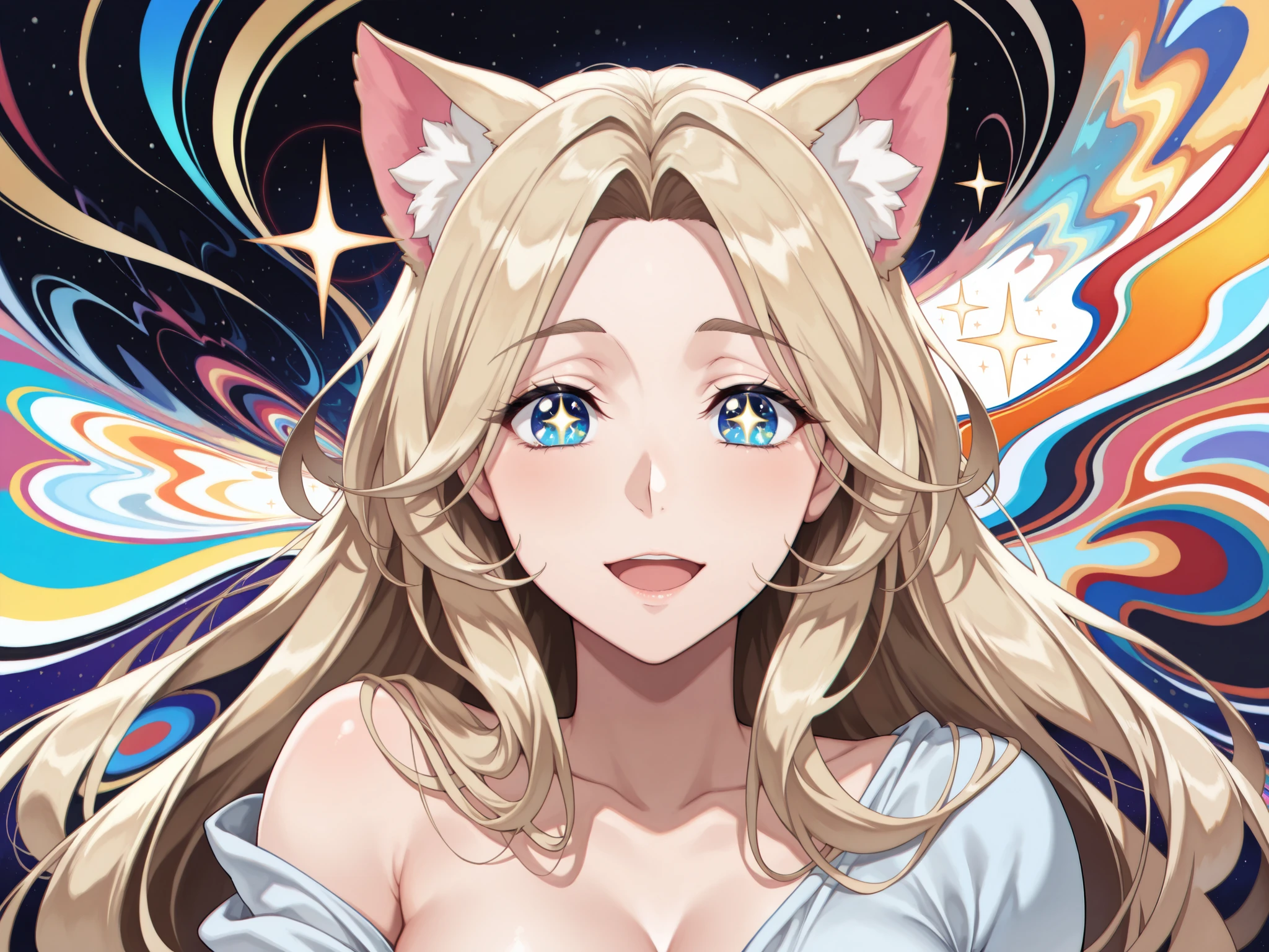 (masterpiece, best quality), ((1girl, (mature female) long hair), (star-shaped pupils, +_+, symbol-shaped pupils, sparkling eyes), (cat ears, open open mouth)), (looking at viewer, light smile, off shoulder), (abstract, multicolored background, abstract background, chromatic aberration),