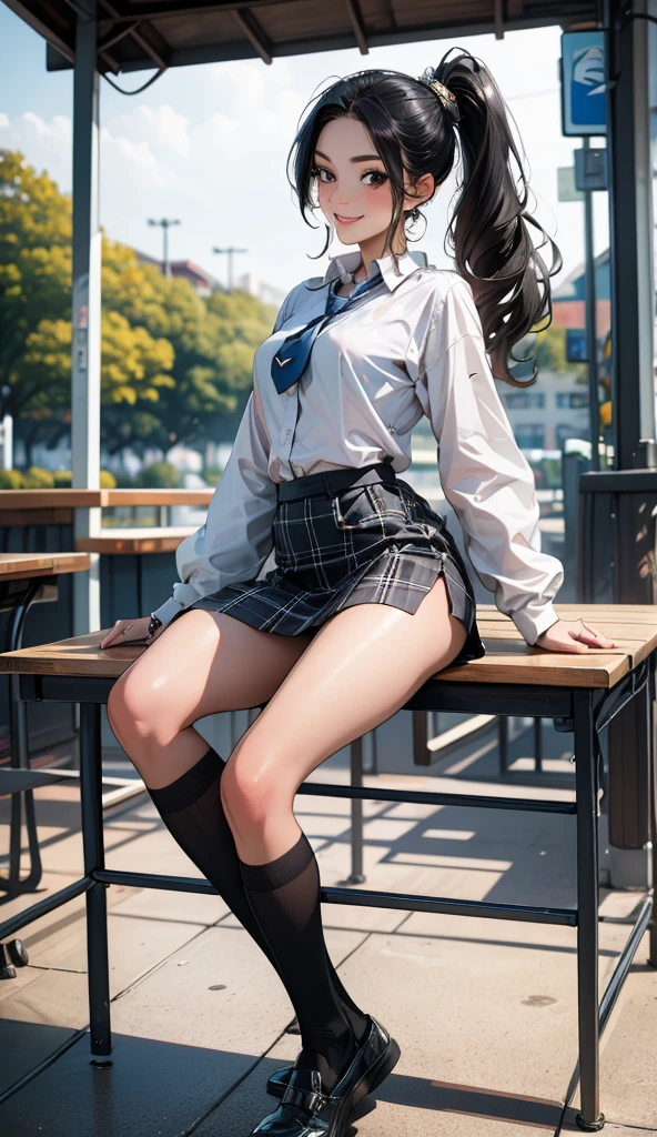 Ulzzang-6500-v1.1, (raw photo:1.2), (realistic:1.4), beautiful and detailed girl, very detailed eyes and face, beautiful detailed eyes, incredibly ridiculous, huge file size, very detailed, high resolution, very detailed, best quality, masterpiece, (((simple blazer))), (((pleated skirt))), (((The pattern of the skirt and tie is a tartan check pattern.:1.3))), illustration, very detailed, CG, unified, 8K wallpapers, amazing, fine details, masterpiece, best quality, very detailed CG uniform 8K wallpapers, my face shines, cinematic lighting, 1 woman, 16 years old, ((dynamic pose))), (camel toe), (half), ((pantyhose)), ((Sit with your knees bent and your legs crossed.)), ((whole body))