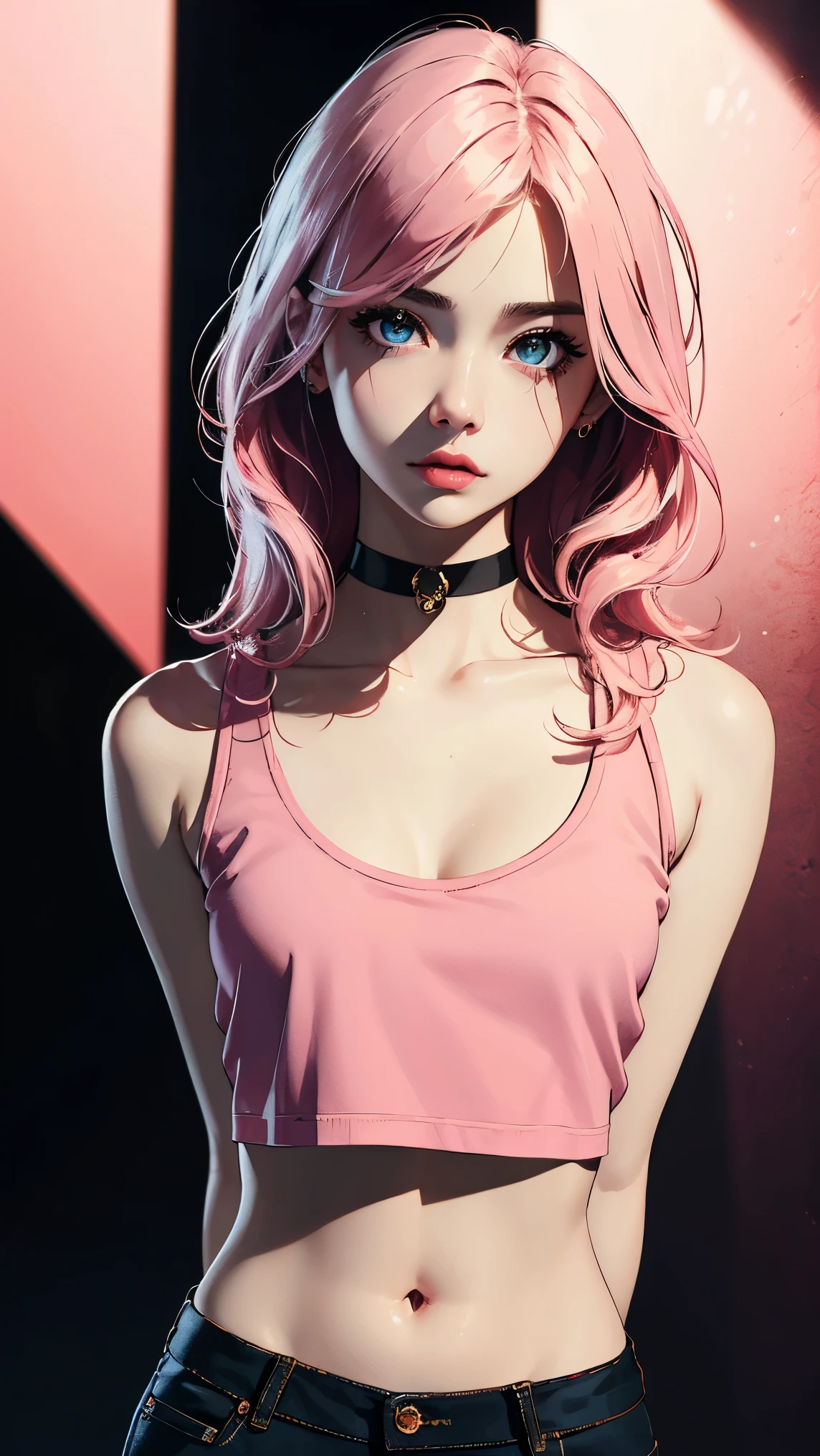 (masterpiece, best quality:1.4), official art, absurdres, vivid colors, looking at viewer, girl, asian , long pink hair, beautiful eyes, tight crop top, tight pants, choker, navel, slender, big breasts, cleavage, (arch back), small head, sharp focus, dynamic lighting, cinematic lighting, dramatic shadow, highres, ultra detailed, finely detail, extremely detailed, detailed eyes and face, sharp pupils, realistic pupils, simple background, (arms and hands behind back), pastel color palette, (shiny skin),