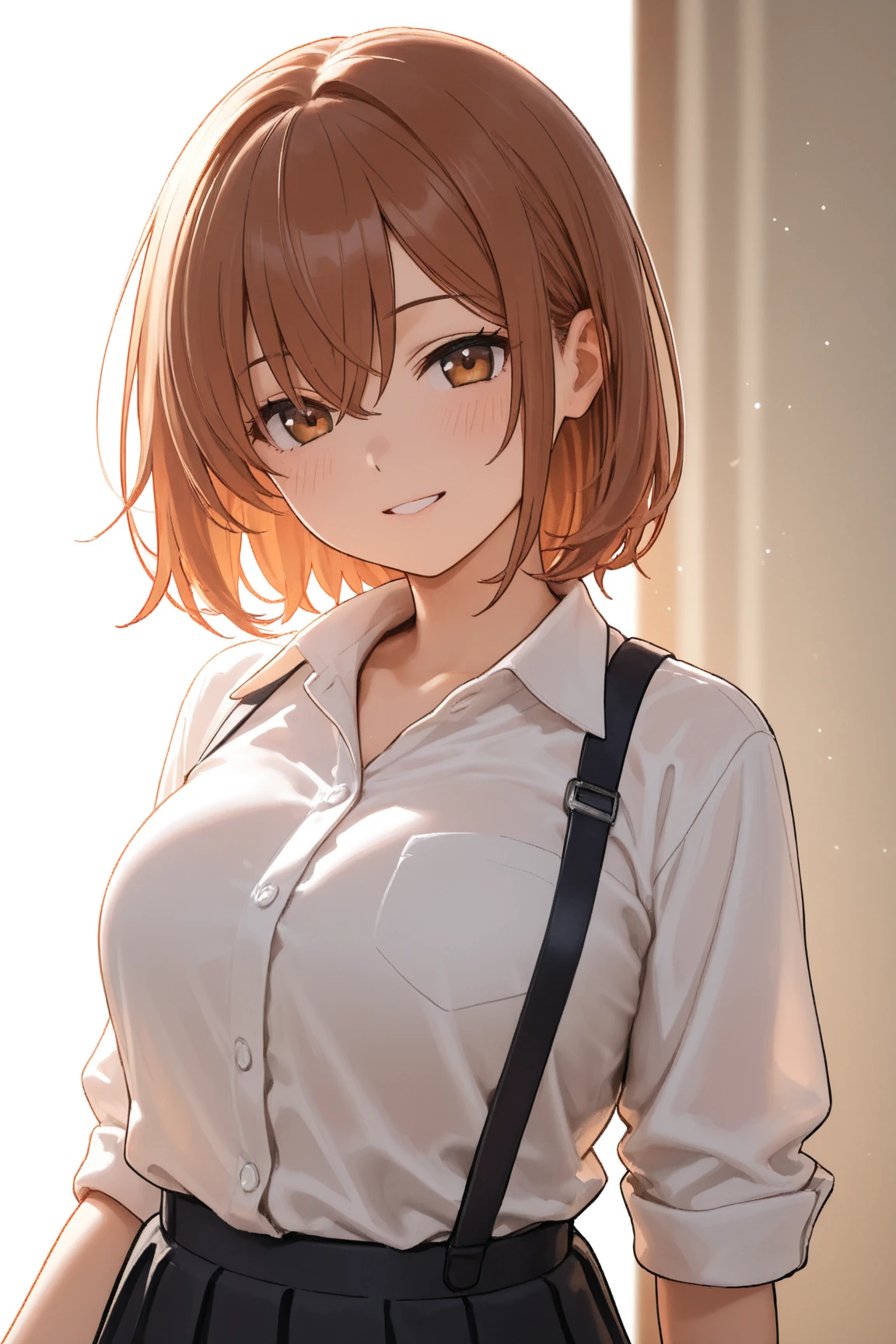 Upper Body, Realistic, real person, (pale skin: 1.2), RAW photo, photorealistic, portrait photography, shiny skin, shiny hair、(25 year old woman with orange bob cut) and (orange eyes) , (white) and (blouse)、blush, smile, The background is the interior of a restaurant at night.、Alone、Are standing