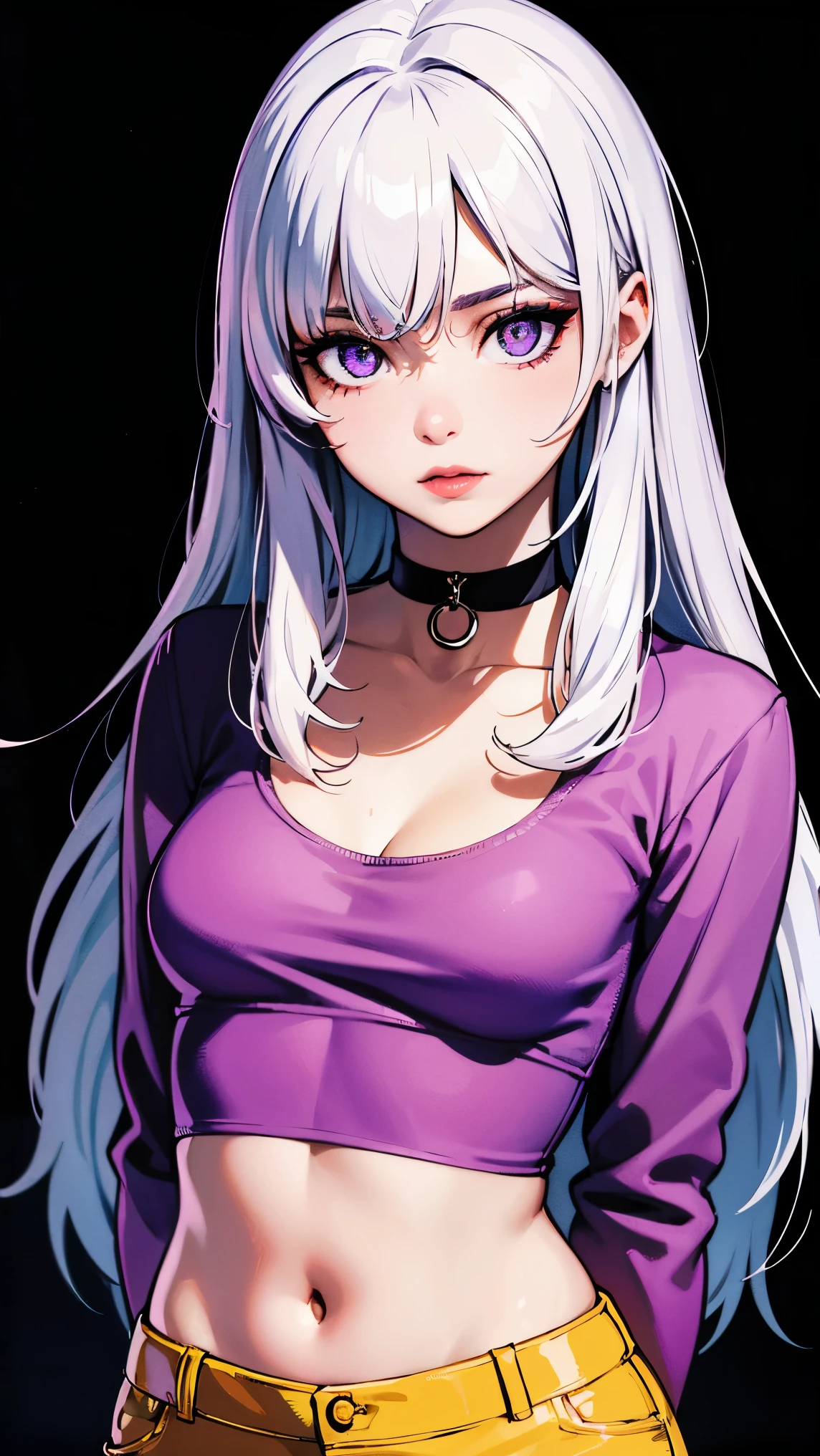 (masterpiece, best quality:1.4), official art, absurdres, vivid colors, looking at viewer, girl, asian , long white hair, beautiful purple eyes, tight crop top, tight pants, choker, navel, slender, big breasts, cleavage, (arch back), small head, sharp focus, dynamic lighting, cinematic lighting, dramatic shadow, highres, ultra detailed, finely detail, extremely detailed, detailed eyes and face, sharp pupils, realistic pupils, simple background, (arms and hands behind back), pastel color palette, (shiny skin),