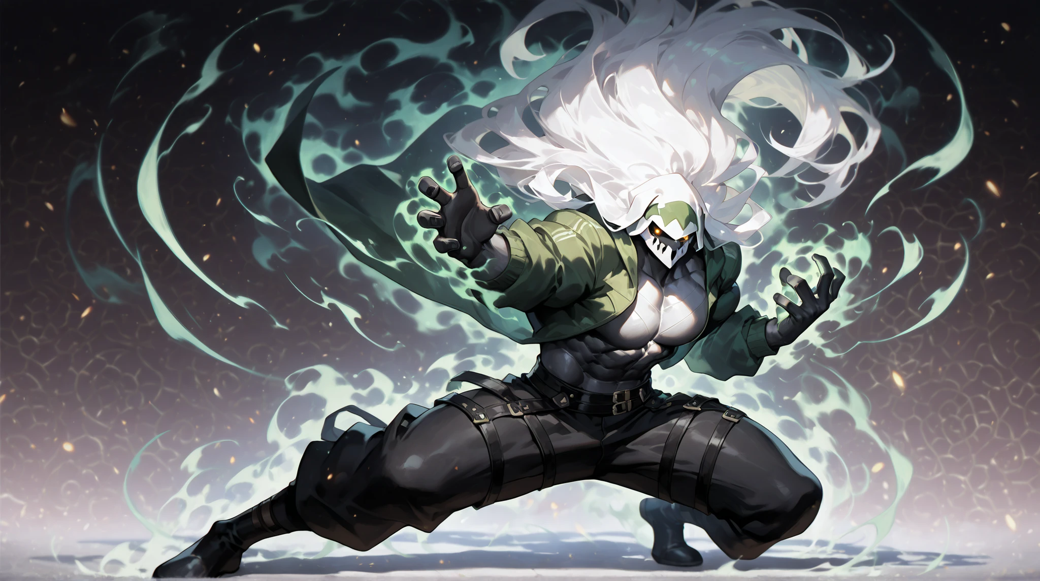 solo, silhouette, shadow of Ghostly Specter, muscular character, wearing a Green Jacket, wallpaper quality, on a loading screen, fighting stance, solo, aura, waist up, (Human Body, Ghostly Appearance, Long White Hair), sinister stare, neon lighting, glowing trimming, glowing edges, White/Green eyes, Green Specter Smoke, black sclera, glowing Green highlights, repeating background, gradient background, glowing borders, glowing eyes, (Athletic muscles:1.5), Green jacket, Tight pants, street pants, masterpiece, straps, pectorals, fighting arena background, correct anatomy, correct hands, best quality,