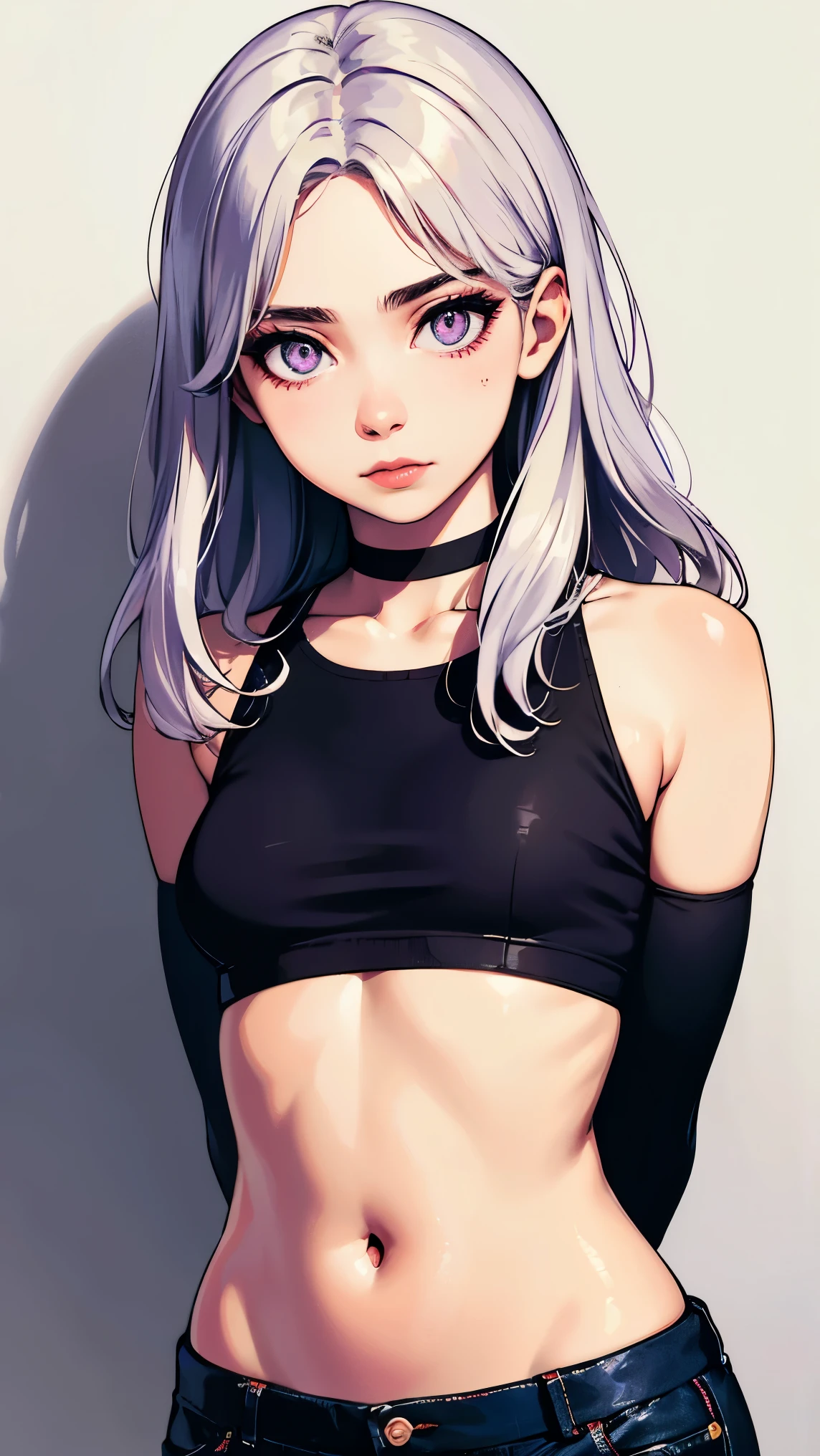 (masterpiece, best quality:1.4), official art, absurdres, vivid colors, looking at viewer, girl, asian , long white hair, beautiful purple eyes, tight crop top, tight pants, choker, navel, slender, big breasts, cleavage, (arch back), small head, sharp focus, dynamic lighting, cinematic lighting, dramatic shadow, highres, ultra detailed, finely detail, extremely detailed, detailed eyes and face, sharp pupils, realistic pupils, simple background, (arms and hands behind back), pastel color palette, (shiny skin),