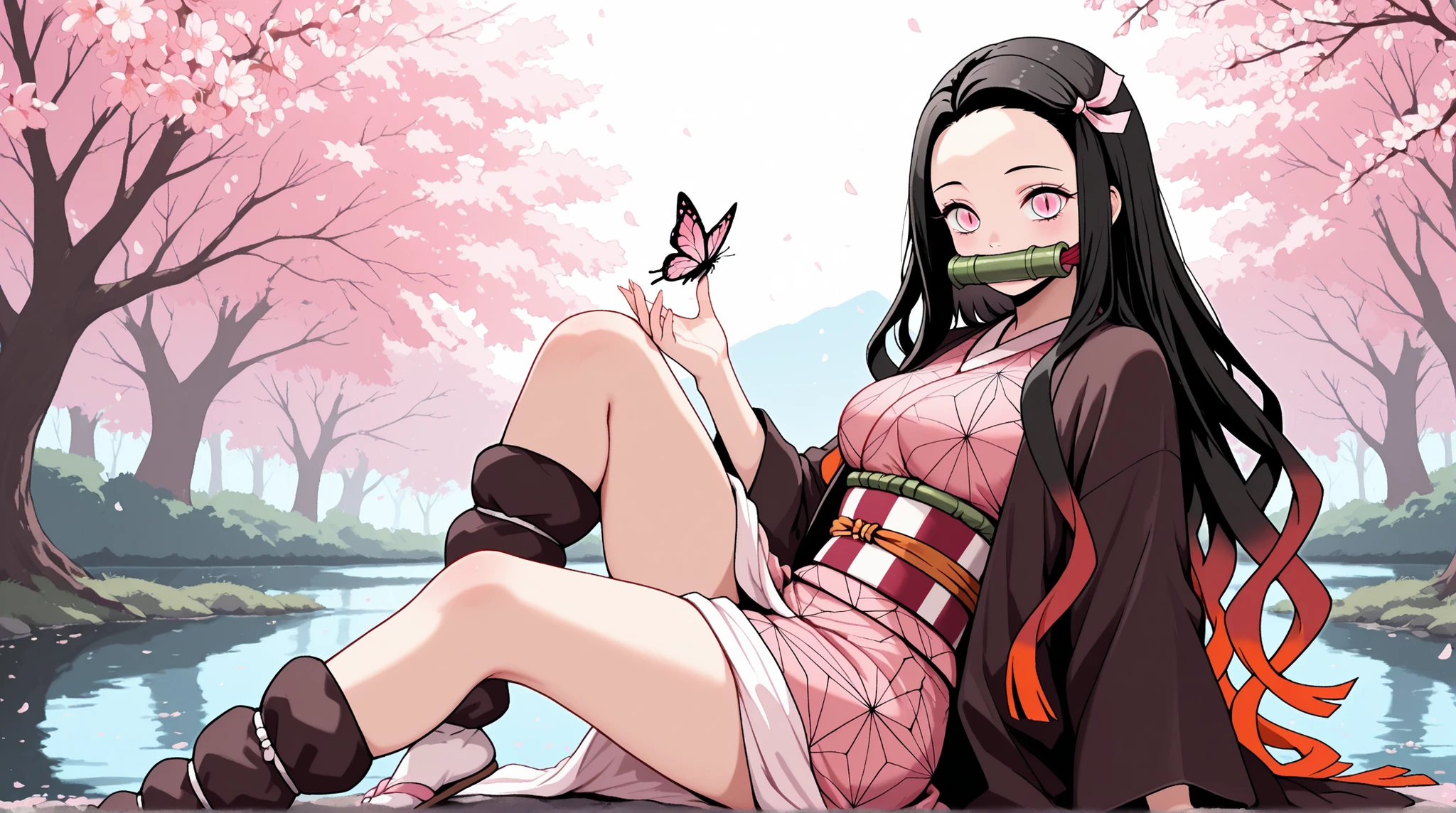 masterpiece, best quality, amazing quality, very aesthetic, side shot, 1girl, pink eyes, gradient hair, black hair, red hair, long hair, asymmetrical hairline, (medium breasts), very cute, lovely, kamado_nezuko, slit pupils, smile, gag, gagged, bit gag, forehead, pink ribbon, ribbon, japanese clothes, kimono, pink kimono, solo, looking at viewer, sitting, lake, water, one leg up, butterfly, bug, sakura trees, petals