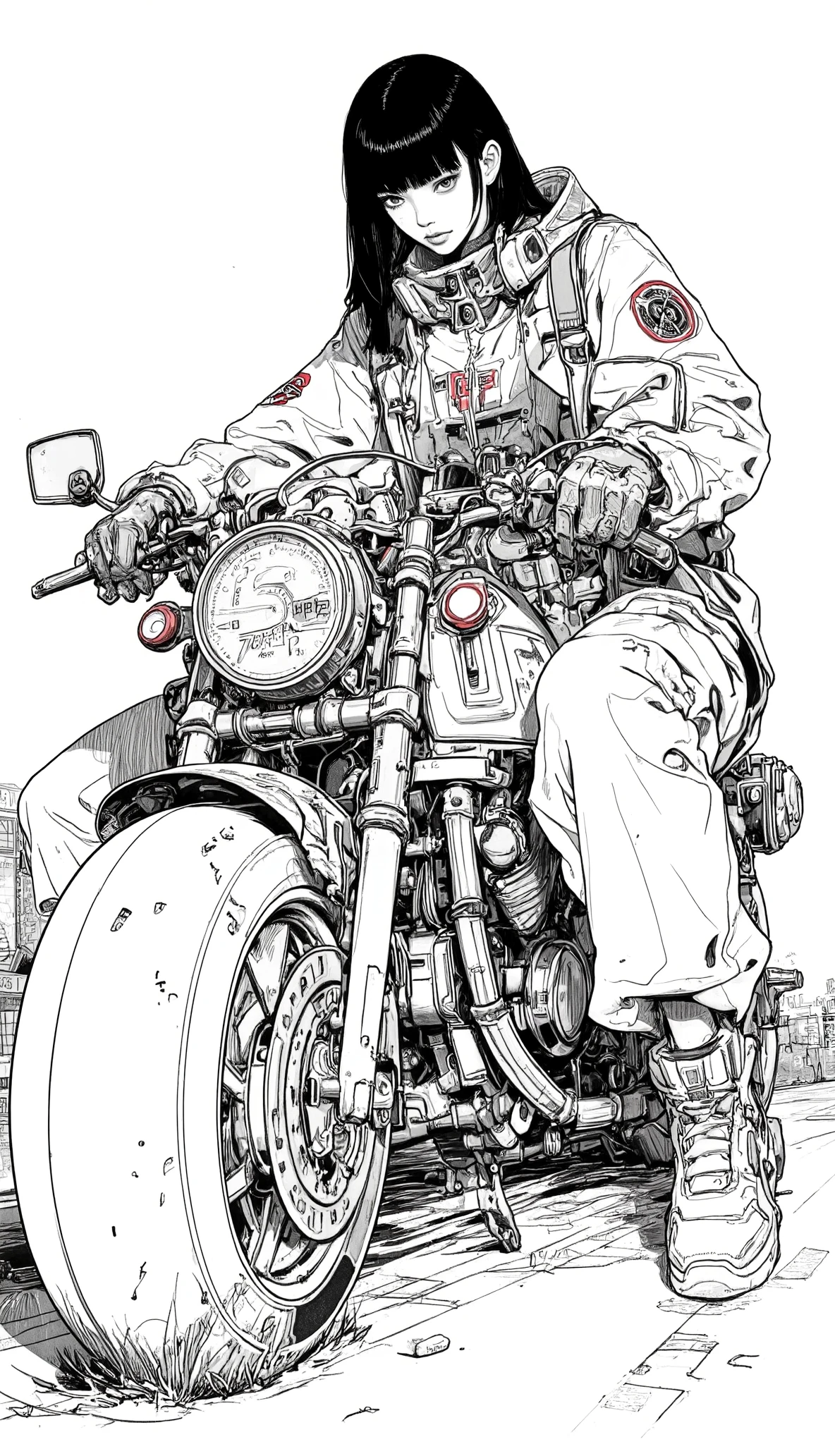 a cartoon of a motorcycle rider is cocky pose with a girl on it, black and white Manga Page, Manga Page, Akira Moto, Tsutomu Nihei style, Award-winning manga style , Akira's motorcycle , Akira Bike, detailed cartoon style, cocky pose, 白黒Manga Panel, Manga Panel, 2 Panels 、Inspired by Yowamushi Pedals、