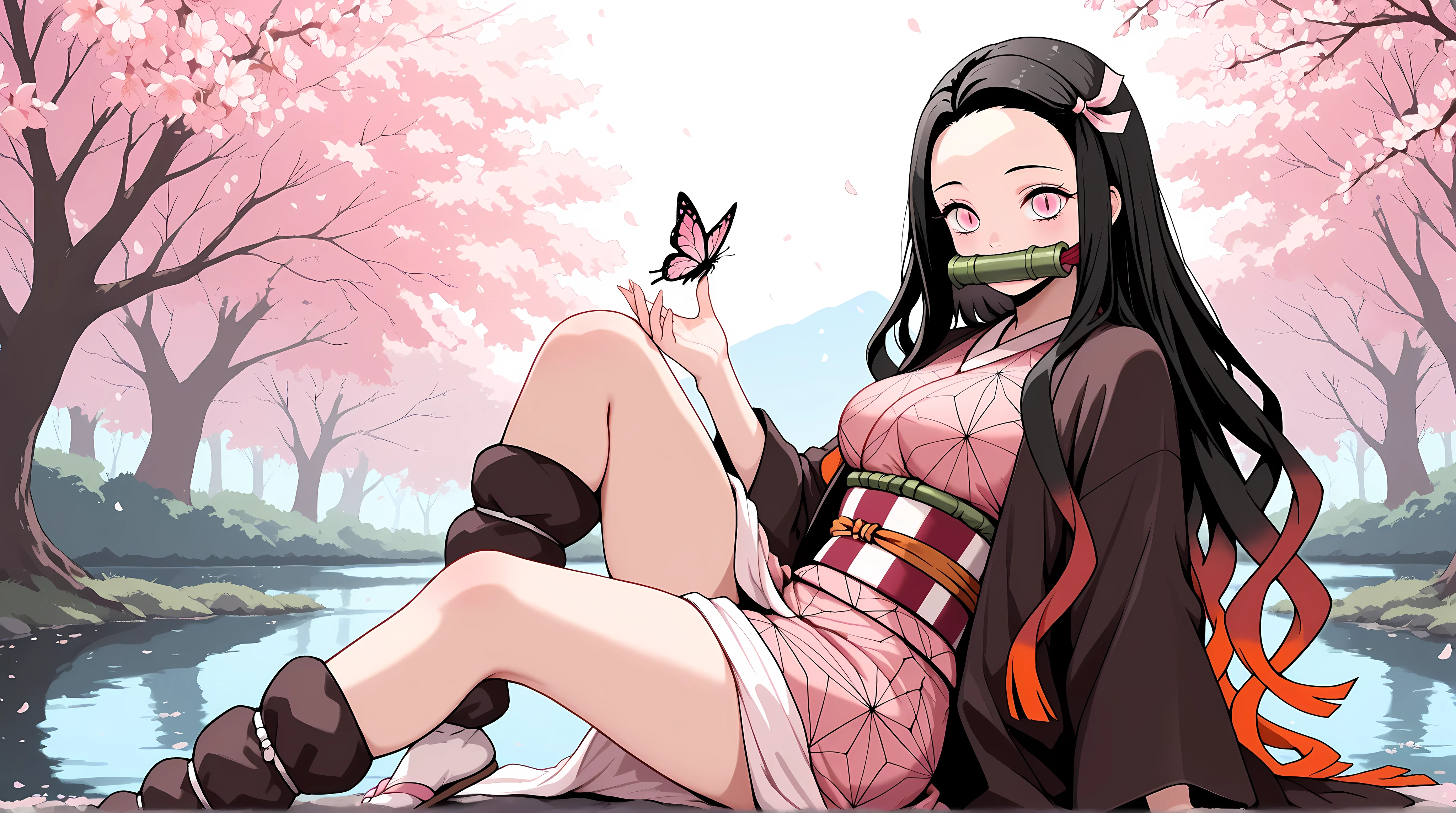 masterpiece, best quality, amazing quality, very aesthetic, side shot, 1girl, pink eyes, gradient hair, black hair, red hair, long hair, asymmetrical hairline, (medium breasts), very cute, lovely, kamado_nezuko, slit pupils, smile, gag, gagged, bit gag, forehead, pink ribbon, ribbon, japanese clothes, kimono, pink kimono, solo, looking at viewer, sitting, lake, water, one leg up, butterfly, bug, sakura trees, petals