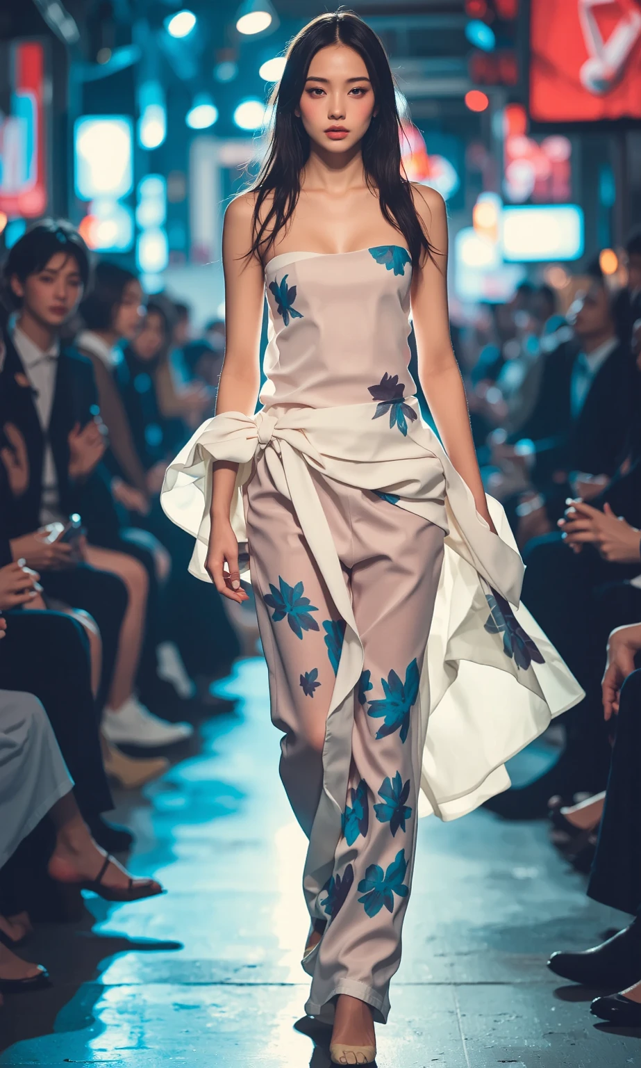 happy summer fashion design by vera wang with colourful flowers in soft pastel peach colours and floral, wore by japanese female model, seen walking on catwalk, her hand on hip, black void background, soft silver particles, smokes and nice lighting, UHD, HDR, 8k, Masterpiece, realistic, hyper realistic. catwalk, facing straight to camera. hand on hip