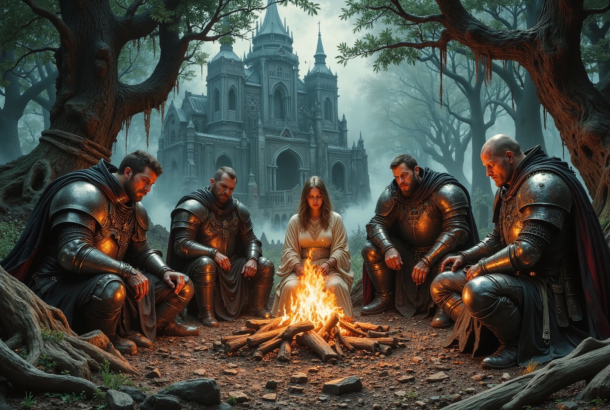 Depict a highly realistic full-length portrait of a group of adventures. They are 3warriors dressed in chainmail and 1 female paladin dressed in full plate and 1sorceress dressed in silks. They are sitting around a campfire. They are are cold weary muddy and tired. The background is an Eldritch glade, with the outlines of Eldritch German Gothic architecture visible.