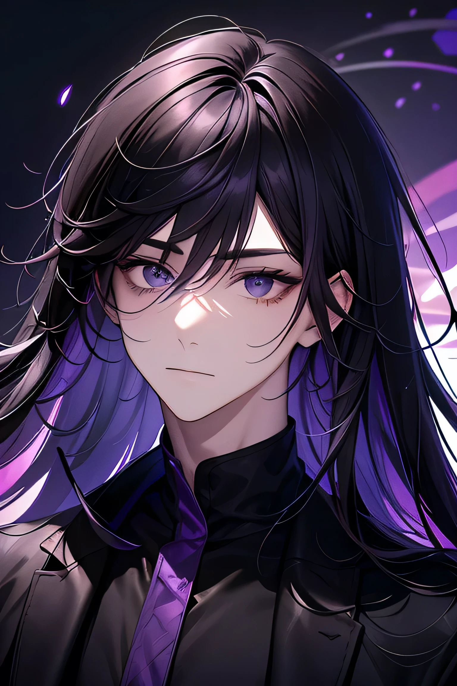 A man facing forward with green right eyes and purple left, has dark dark hair wearing a black hodie