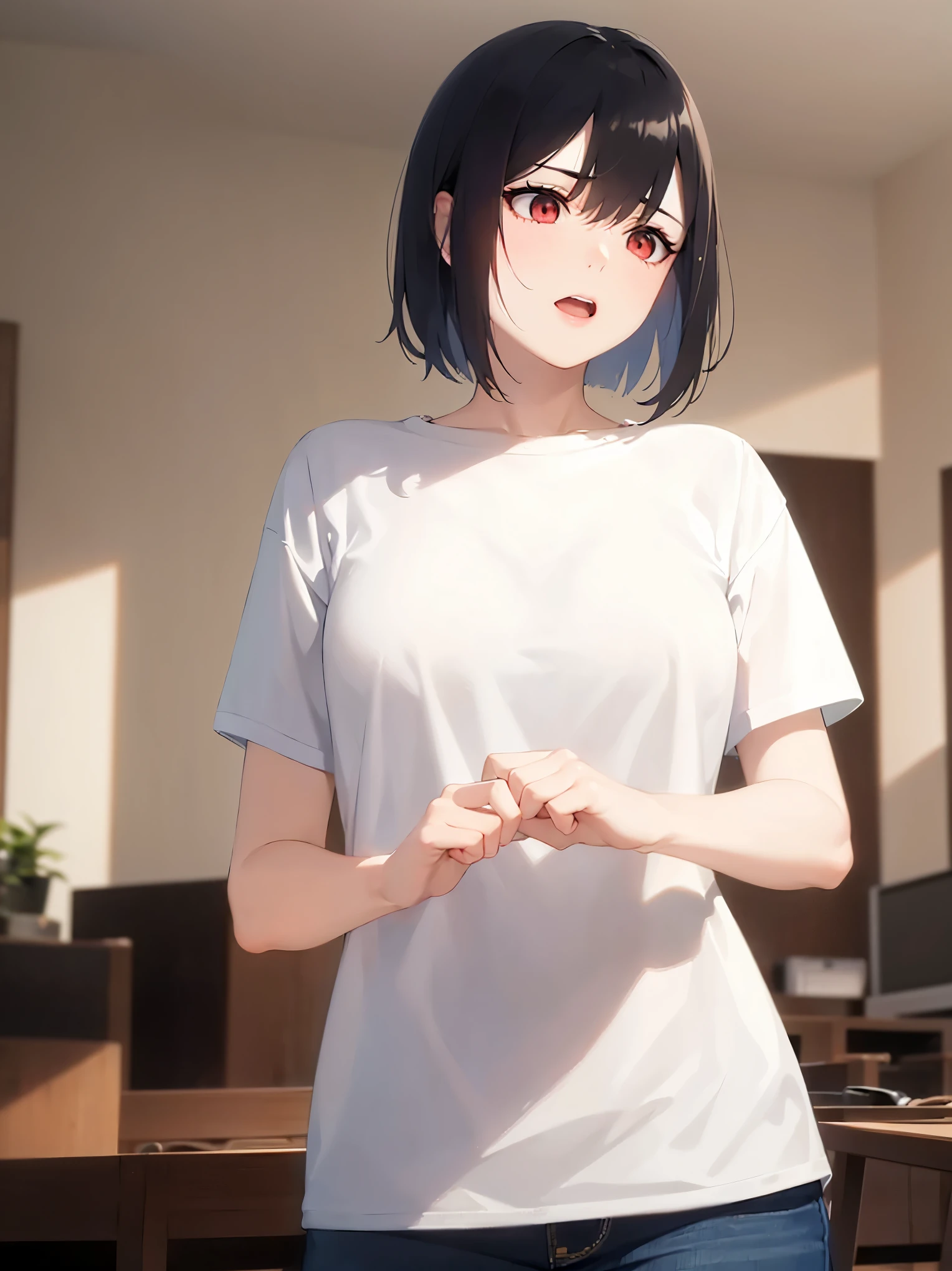 side angle,(looking away:1.5),Realistic, real person, (pale skin: 1.2), RAW photo, photorealistic, shiny skin, shiny hair, (33-year-old woman) and (bob cut) and (hair between eyes) and (black hair) and (red eyes), BREAK (white) and (white) and (T-shirt) and (jeans)BREAK, (surprised:1.3),(open mouth),inside the living room,(alone:1.5),cowboy shot