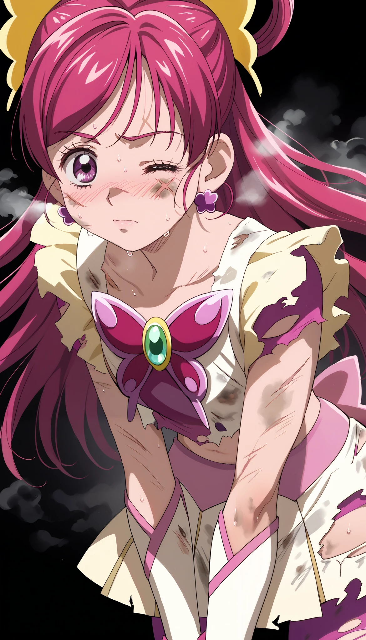 1girl, solo, ((curedream)),(body covered in scars:1.1),(dirty clothes:1.2),(ripped clothes:1.3), (damaged clothes:1.4),leaning forward, anime coloring,midnight,(sweat, blush,steam,Close one eye),cowboy shot