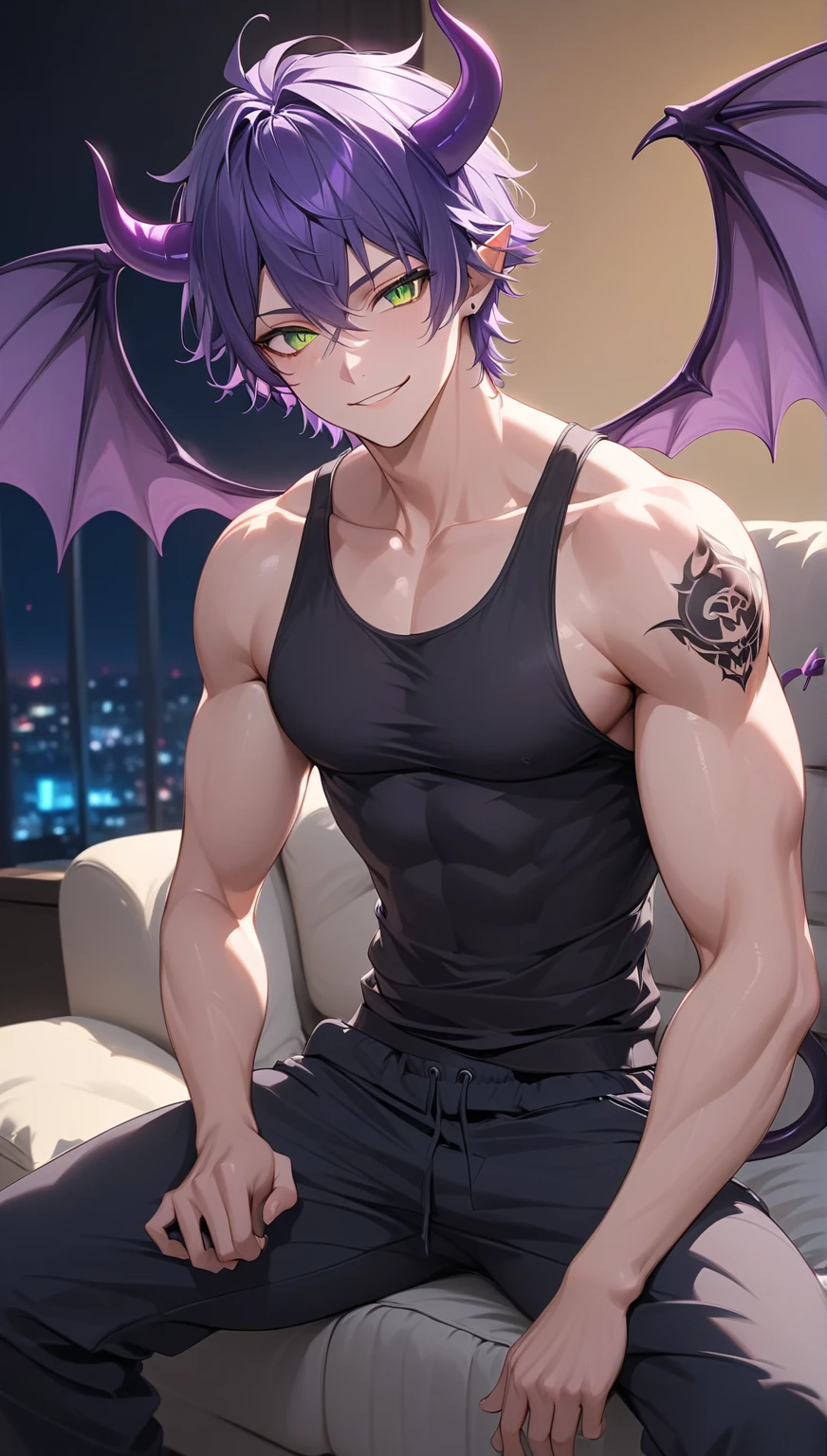 Handsome man, red eyes, stern look, dark brown skin, handsome male, laying on bed, long sleeve shirt, purple hair, short hair, detailed body, detailed hands, bulge in pants, arrogant expression, looking straight, black shirt, nighfall, ear piercings, black pajamas, horns, masculine, pointy ears