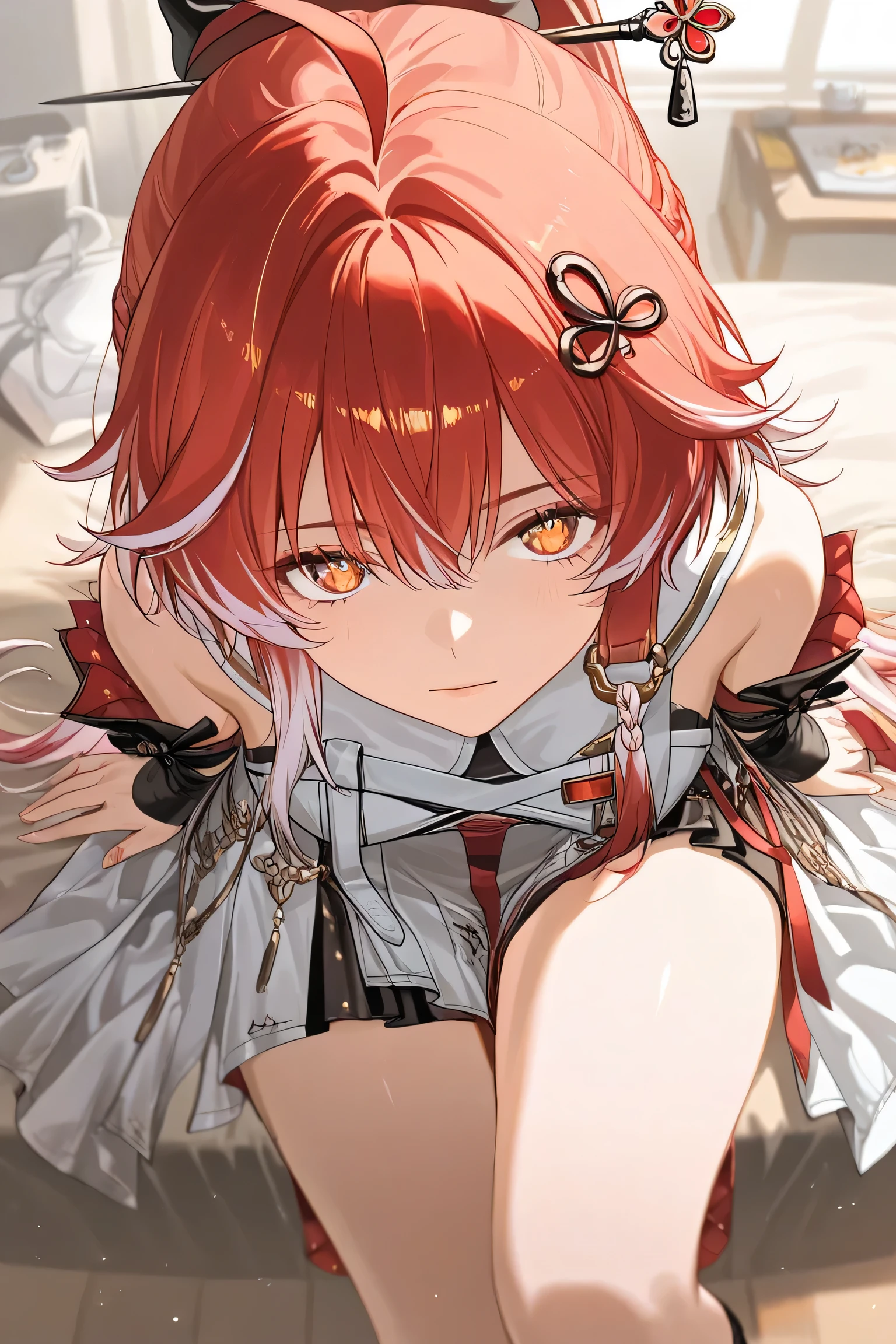 dusty_\(wuthering_waves\),high image quality,Detailed picture,red hair,The tips of the hair are white,gradation hair,Before the board,During a match, wear a cheek stick,viewers,big thighs,