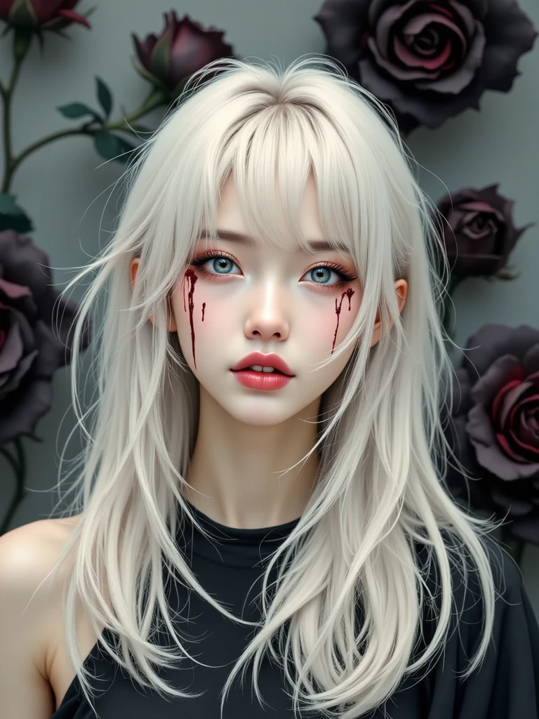 1girl, full of blood, bruised, enough blood, cuts on face with blood, realistic, high quality,