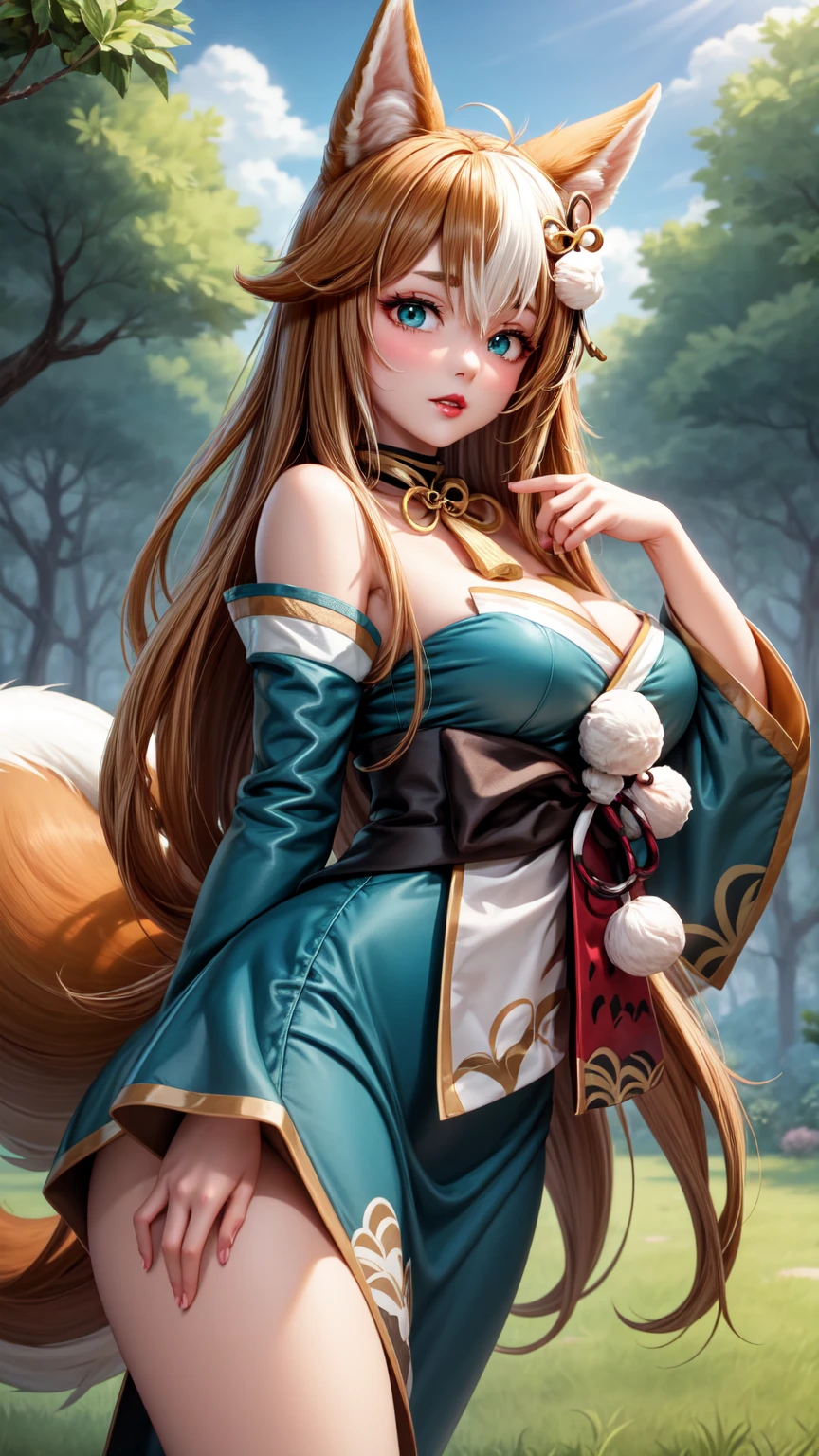 Ahri da league of legends,(best qualityer,4K,8k,high resolution, work of art:1.2)(weather: windy),cowboy shot, Japanese female, spirit forest background, long sleeve korean kimono dress, thigh high stockings, cleavage, spirit sphere, cute makeup, tall boots, belt, long hair, braided hair, fox ears, multiple fox tails, ultra detailed, realistic, portrait, beautiful detailed yellow eyes, beautiful detailed lips, extremely detailed eye and face, beautiful girl, long eyelashes, sexly, average, large breasts, beaming smile, magical pose, stunning curves, bright coloured, dramatic lighting, fox spirits,