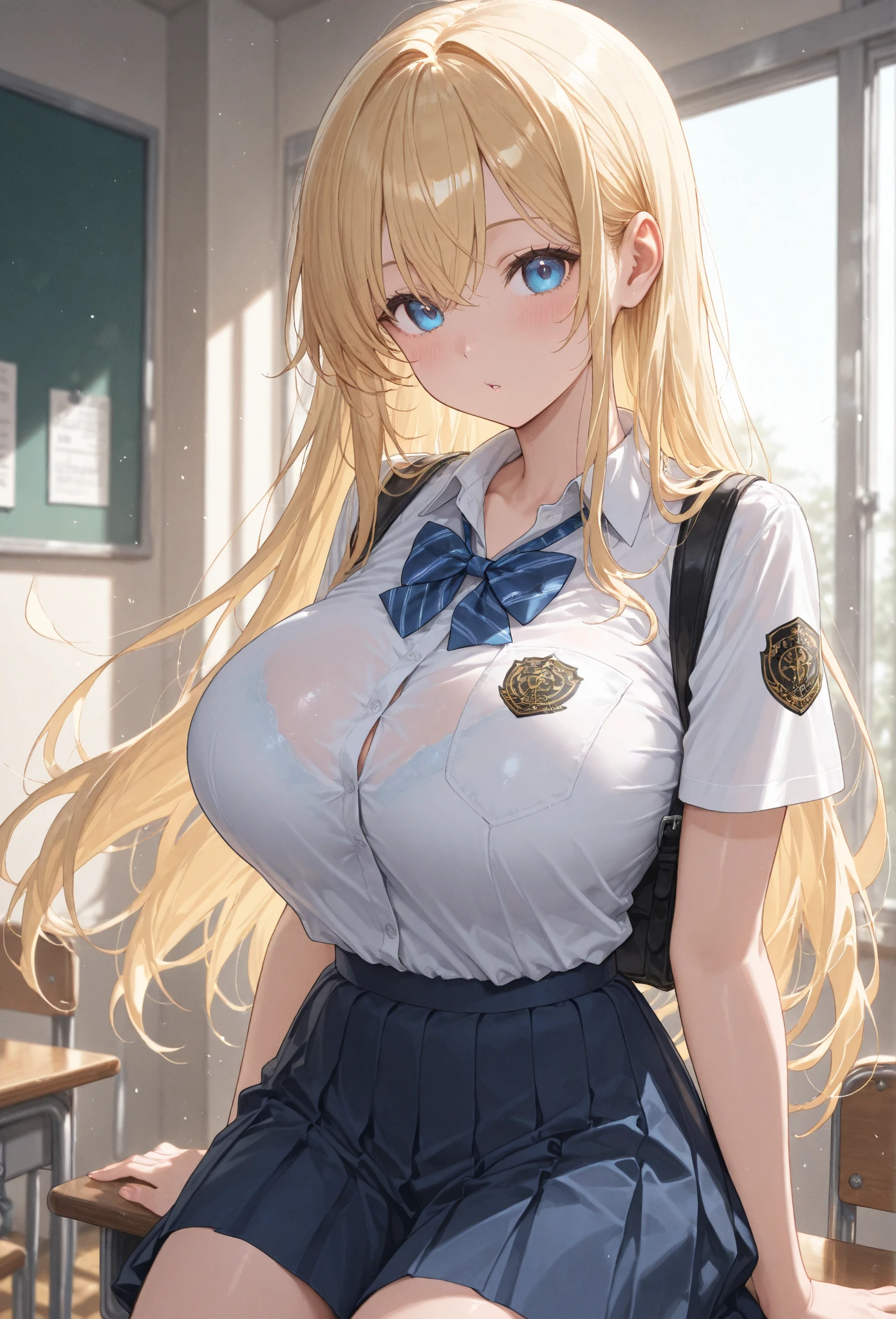(((masterpiece, best quality, absurdres))), 1girl,solo, mulher jovem coreana (19 years old, long blonde hair) in a school uniform , sfw huge, oppai proportions, mini skirt, mini skirt, mini skirt, hugebreasts, beautiful girl