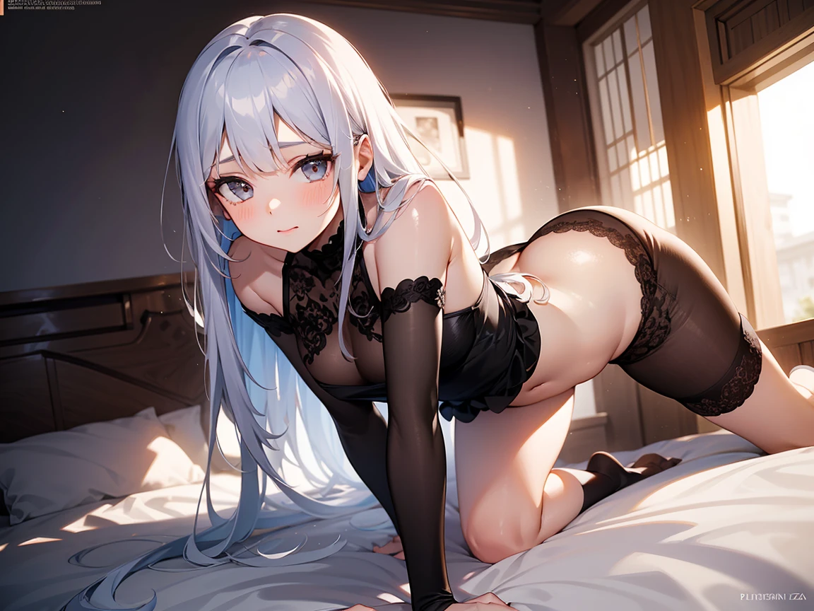 Best picture quality，highly  detailed，Body and facial contours:1.2）Rainy days，Wear a white bra，White lace erotic panties，Pouting ass，animemanga girl ，Weakness of the body，Slim waist，slender leg，Bedrooms，facing away from the audience，Side head，High ponytail with long hair