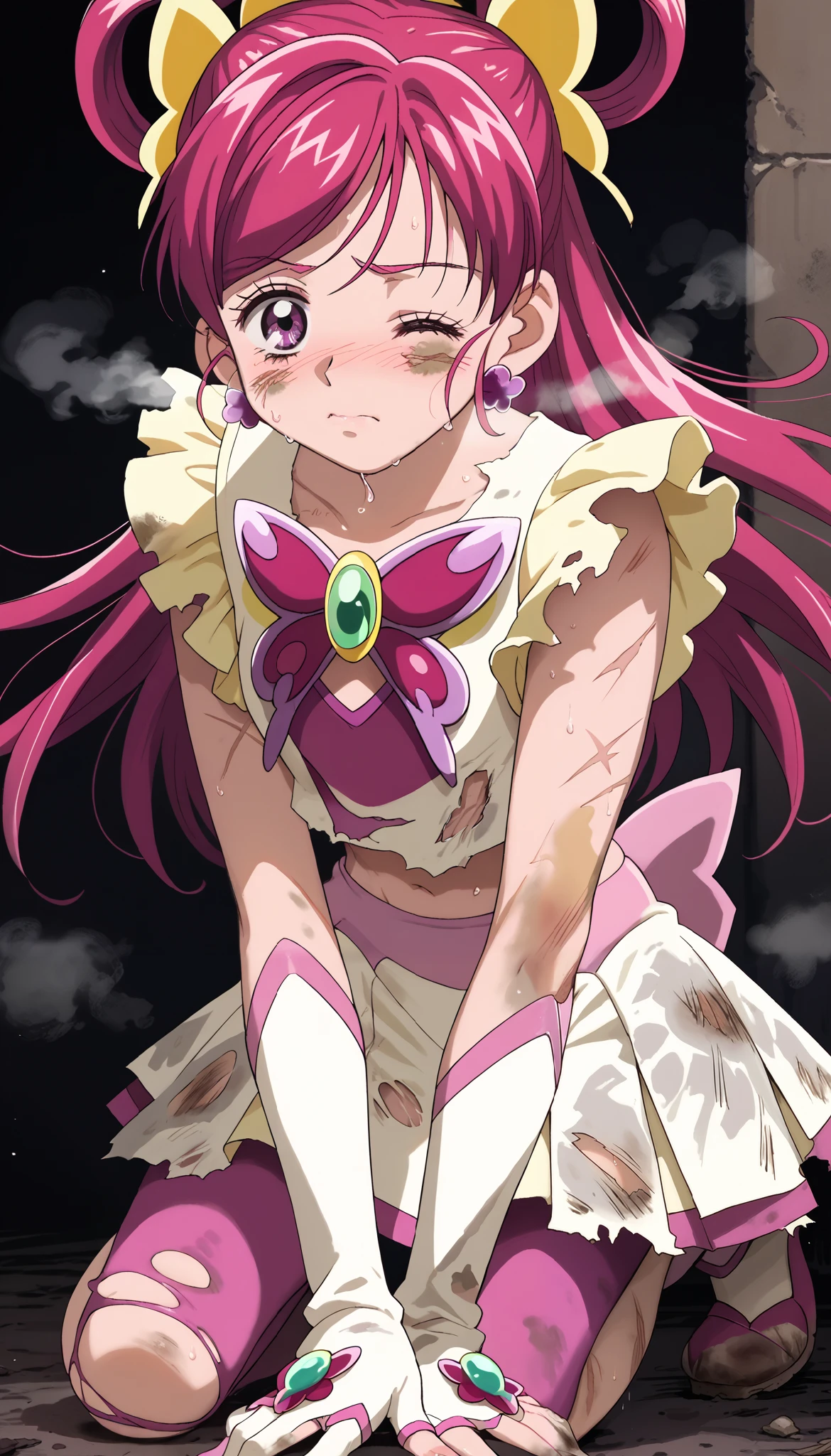 1girl, solo, ((curedream)),(body covered in scars:1.1),(dirty clothes:1.2),(ripped clothes:1.3), (damaged clothes:1.4),kneeling, anime coloring,midnight,(sweat, blush,steam,Close one eye),