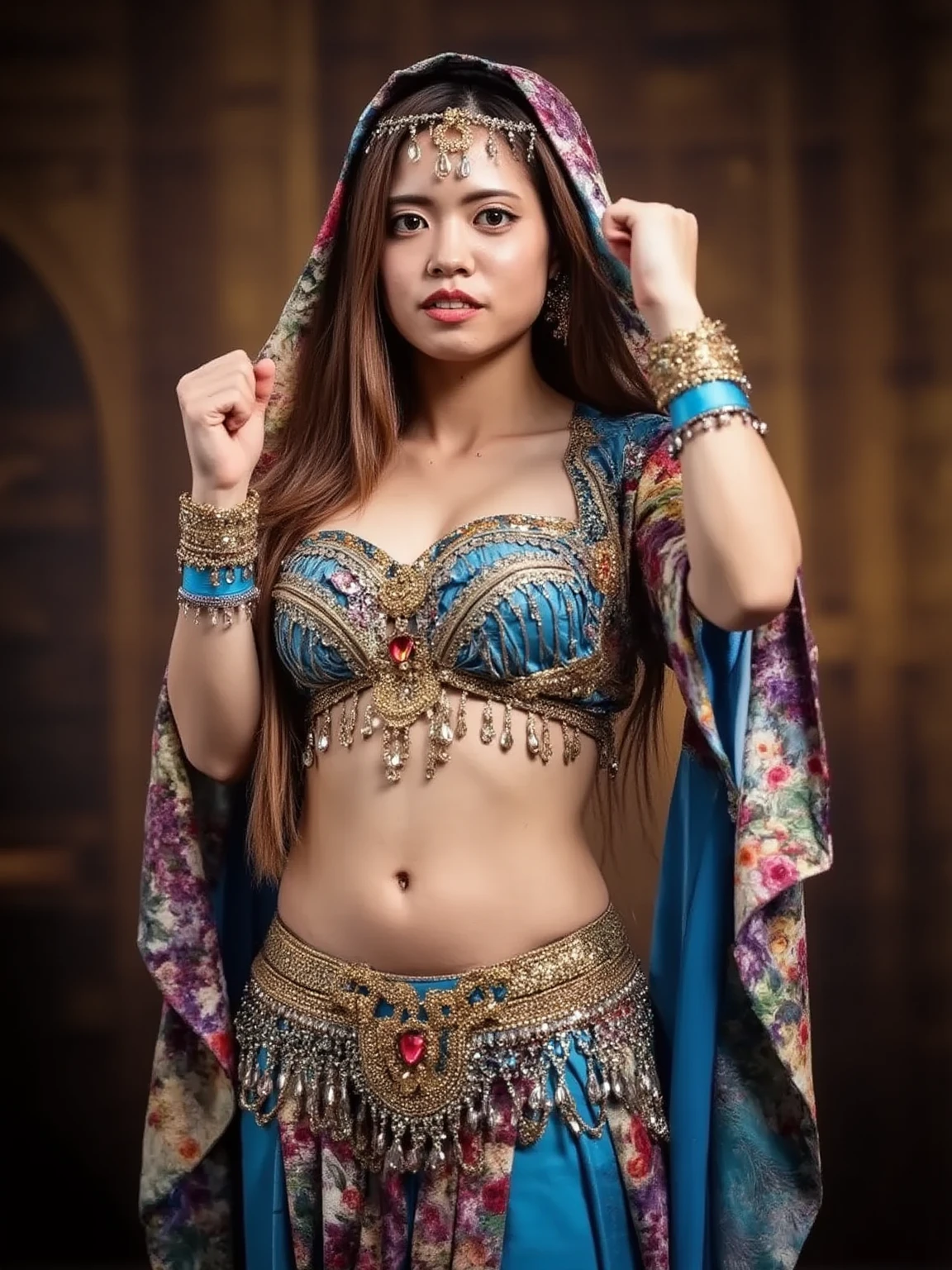 (busty malaysian woman:1.1, age 40:1.1, hijab no hair showing:1.1, athletic:1.1, many chains jewels and charms, wielding magic weapons), final showdown against a jeweled dragon, (best quality:1.2), ultra-detailed, realistic:1.37, HDR, studio lighting, vivid colors, portraits, sharp focus, physically-based rendering, extreme detail description, professional, bokeh, vibrant color palette, dramatic lighting