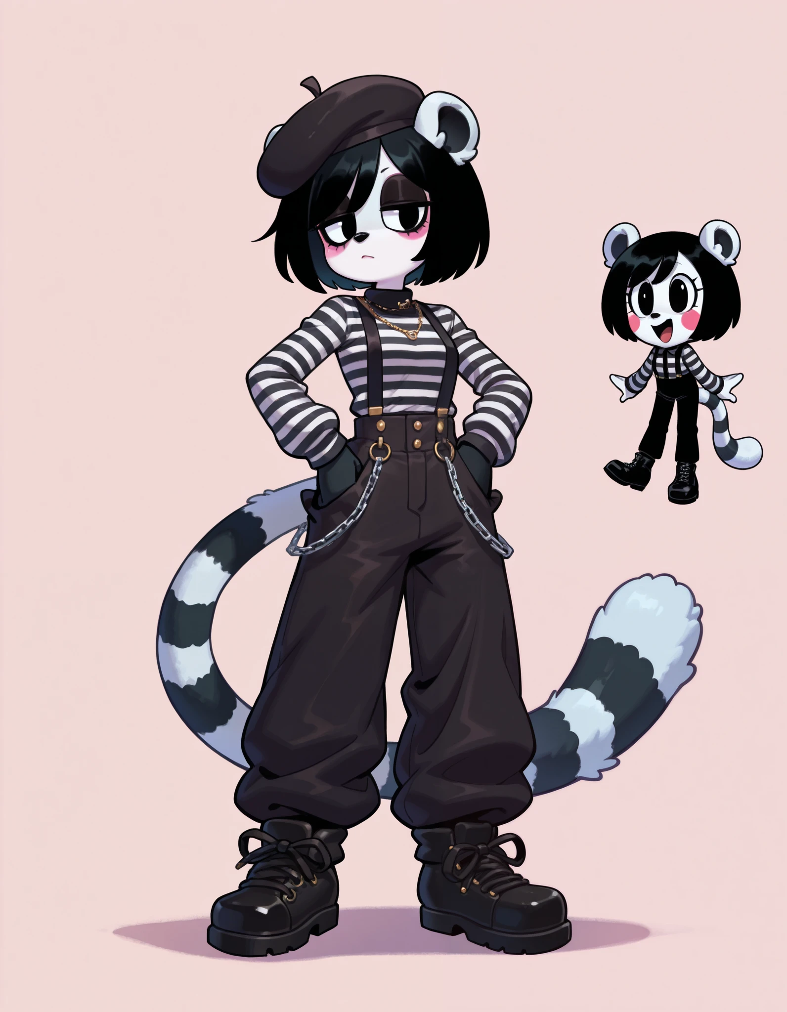 masterpiece, best quality, amazing quality, very aesthetic, absurdres, source furry, 1female, ((short body)), mime clothes, mime makeup, lemur, fluffy tail, lemur ears, long tail, black and white, black beret, black short hair, pants, suspenders, posing, character concept, goth, emo, baggy pants, striped shirt