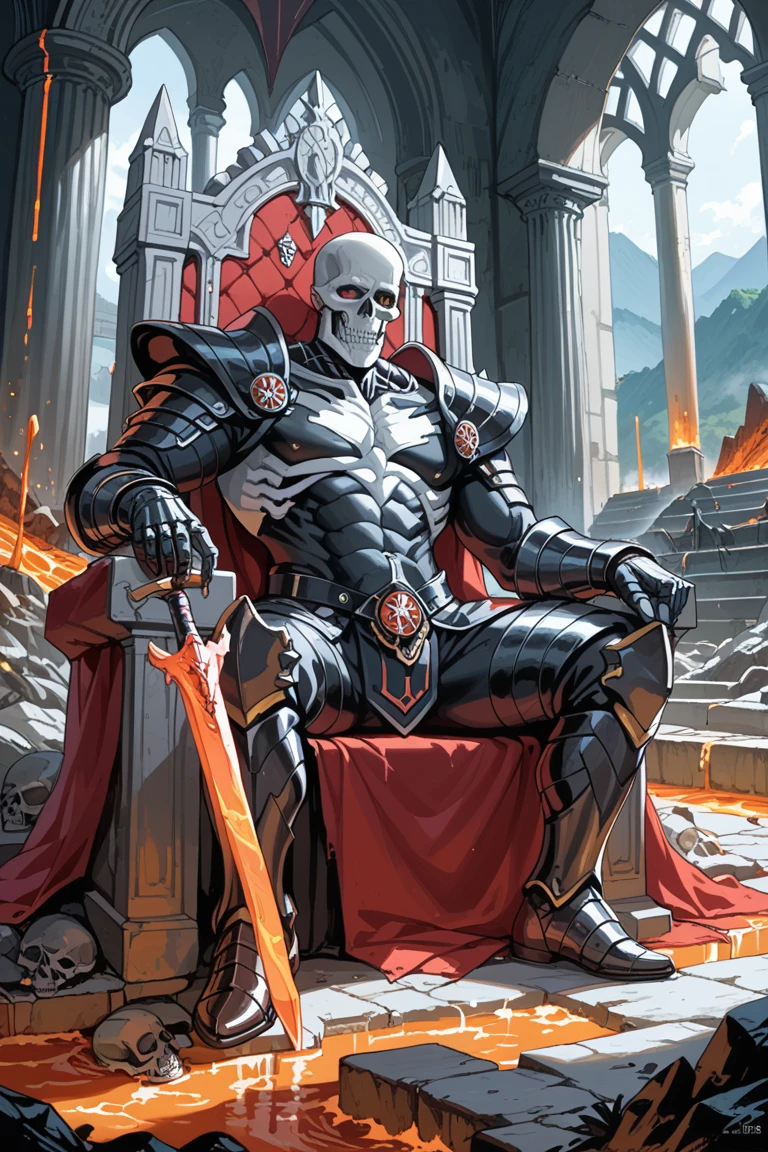 A terrifying and dangerous dark anime poster, the heavy golden knight's armor is very complex and delicate, the armor covers the whole body, and the armor has exquisite skull ornaments, gold jewelry and necklaces. The protagonist's scrawny man, fierce and empty flame eyes, holding a blue flame sword in his hand, sits on a throne. The throne erupts with a large number of blue flames, and the red torn cloak sways in the wind, with a flowing effect. The background is red, full of visual impact, showing diabolical art. Inspired by real human skeletons, comic-style art is presented. The overall color tone is light red and light black, expressing the effect of action painting. Tip: Anime Dark Demon poster