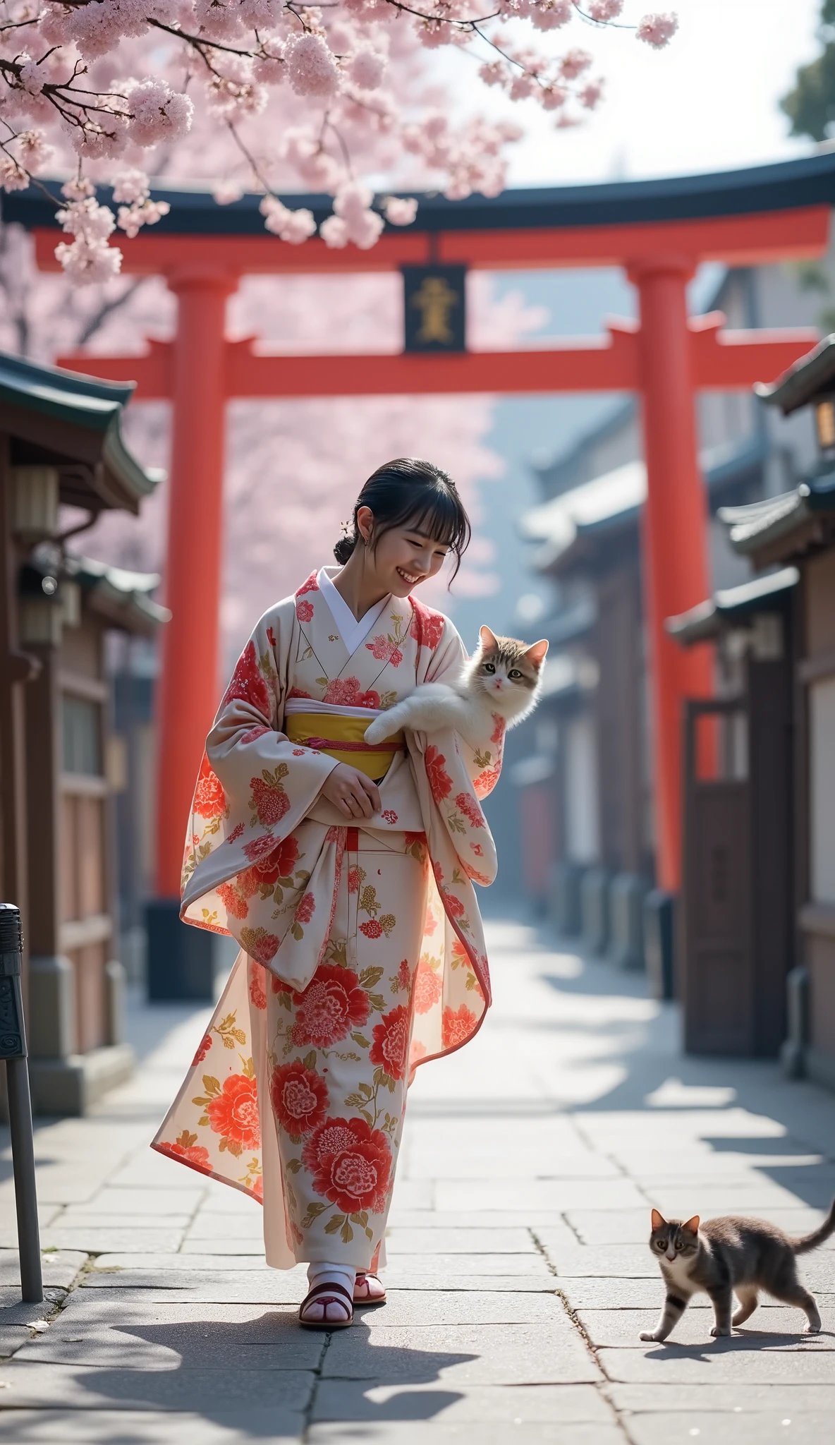 realistic pictures。A woman in a kimono、holding a cat while walking along the cobblestone streets of the ancient city。behind it, the torii gate of a historic shrine stands、Cherry blossoms are in full bloom。Photographed in natural light、Soft light envelops the entire area。